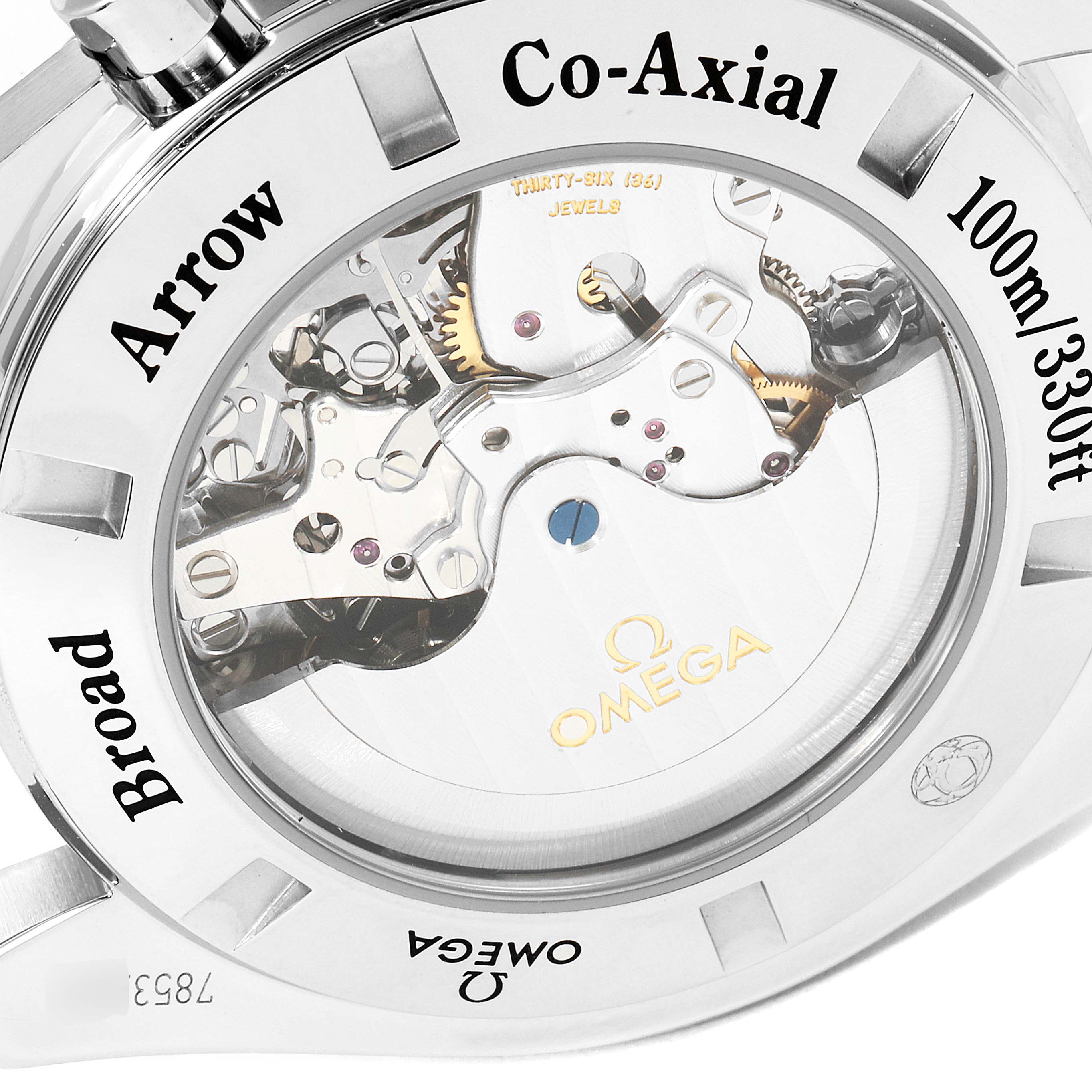 The image shows the back of an Omega Speedmaster 321.13.44.50.02.001 Men
s Stainless Steel Silver Dial 321.13.44.50.02.001 Men
s Stainless Steel Silver Dial watch, revealing its co-axial movement mechanism.