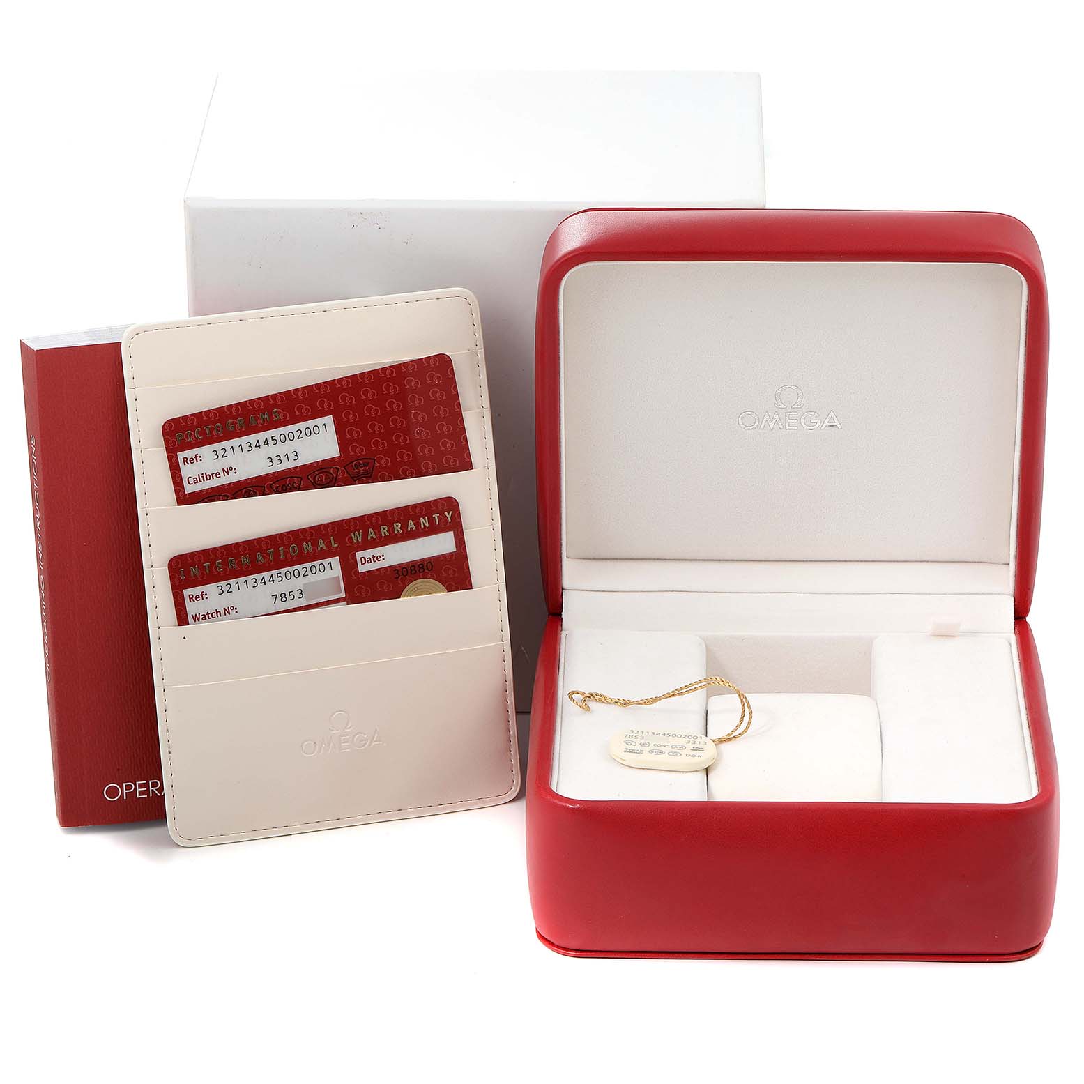 The image shows the Omega Speedmaster 321.13.44.50.02.001 Men
s Stainless Steel Silver Dial 321.13.44.50.02.001 Men
s Stainless Steel Silver Dial watch accessories, including the box, warranty cards, holder, and operating instructions.