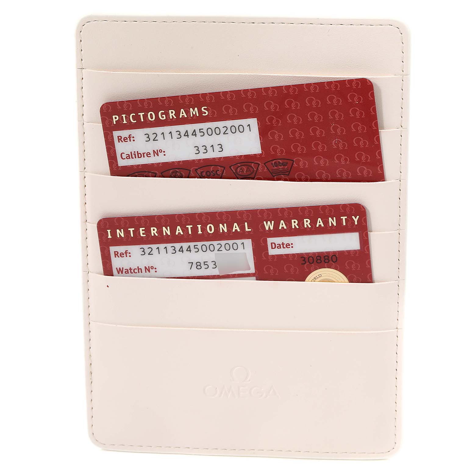 The image shows the warranty cards for the Omega Speedmaster 321.13.44.50.02.001 Men
s Stainless Steel Silver Dial 321.13.44.50.02.001 Men
s Stainless Steel Silver Dial watch, placed in a white cardholder.