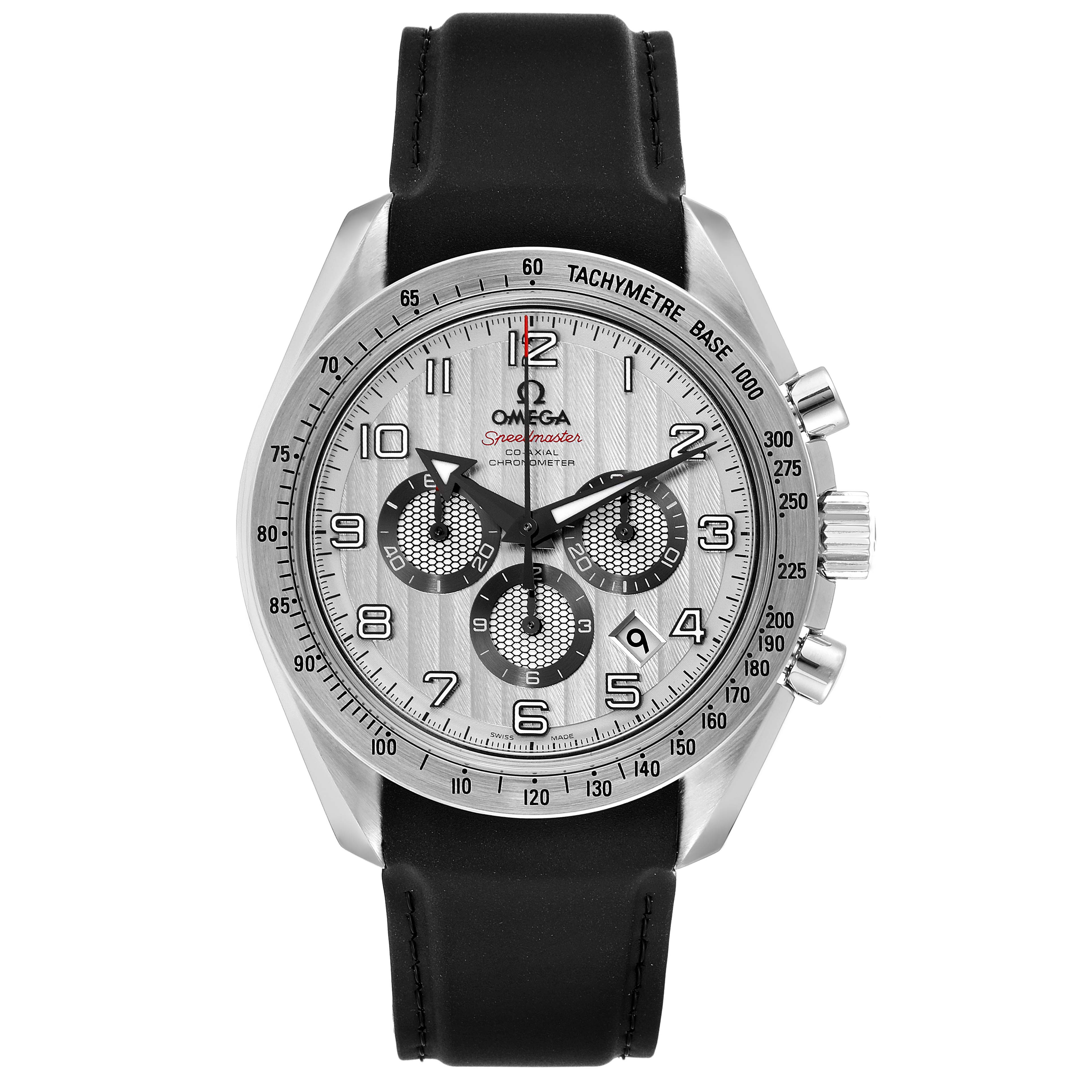 The image shows a frontal view of the Omega Speedmaster 321.13.44.50.02.001 Men
s Stainless Steel Silver Dial 321.13.44.50.02.001 Men
s Stainless Steel Silver Dial watch, highlighting the dial, sub-dials, and strap.