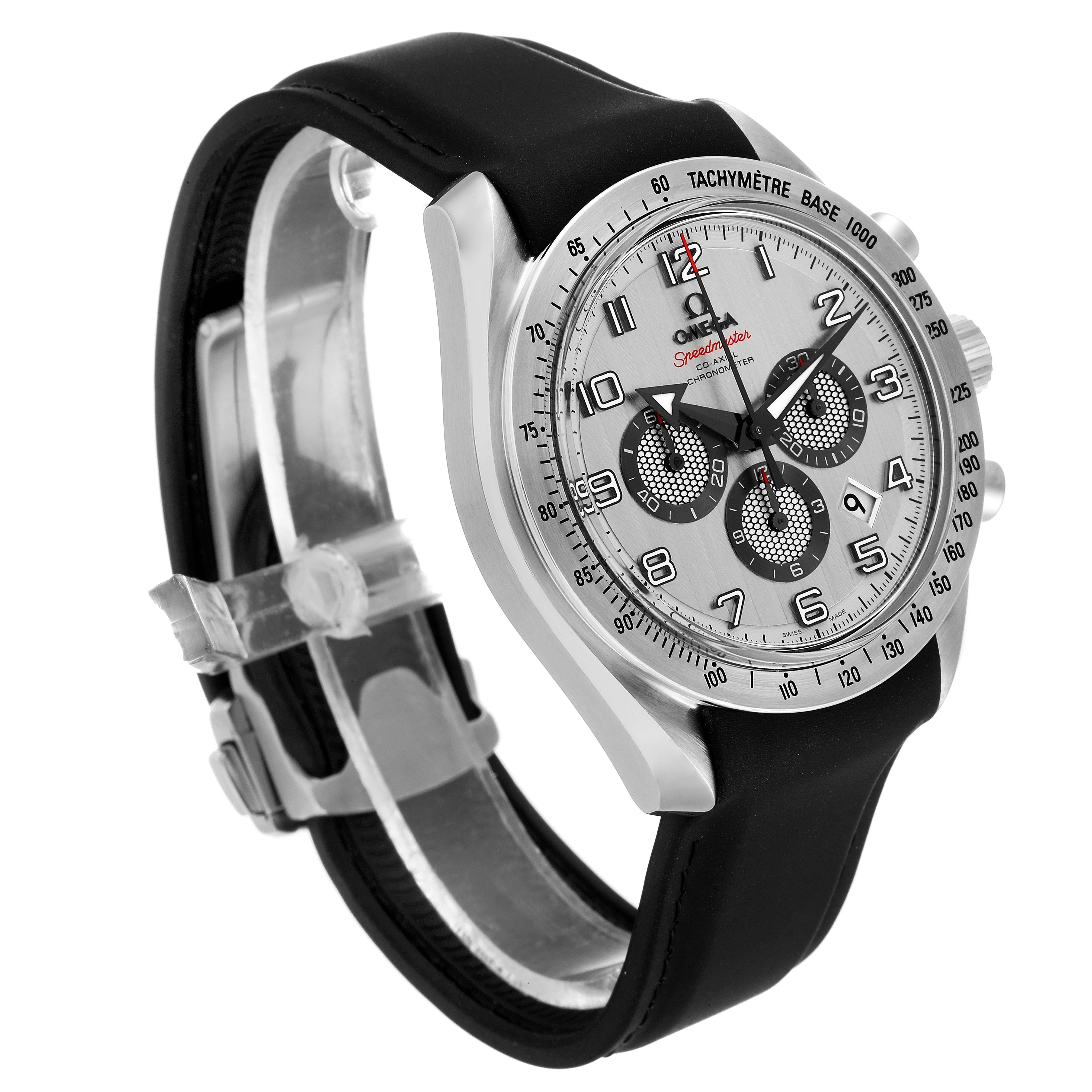 This image shows an Omega Speedmaster 321.13.44.50.02.001 Men
s Stainless Steel Silver Dial 321.13.44.50.02.001 Men
s Stainless Steel Silver Dial watch from a three-quarter angle, highlighting its face, bezel, and strap.