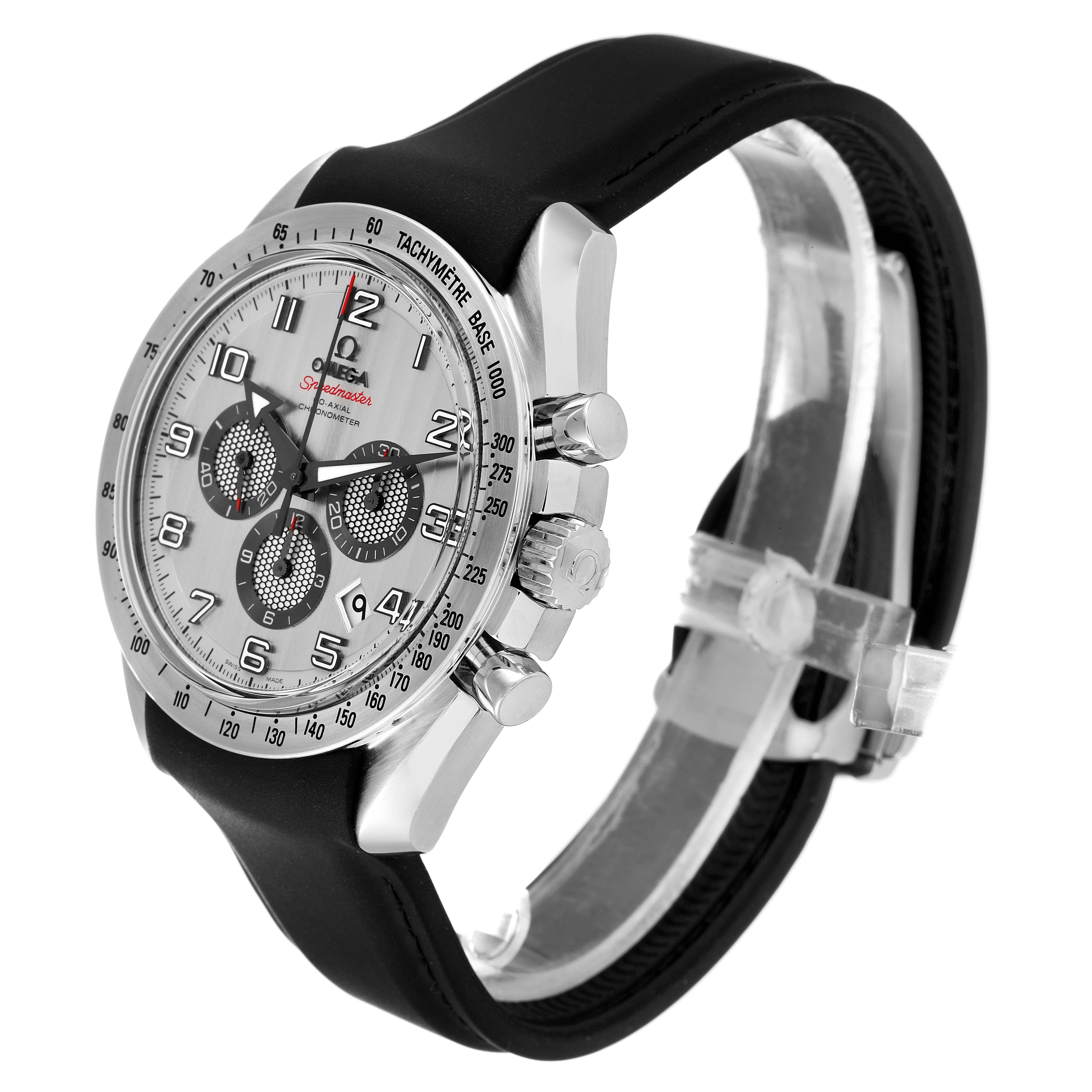 The image shows a side angle of the Omega Speedmaster 321.13.44.50.02.001 Men
s Stainless Steel Silver Dial 321.13.44.50.02.001 Men
s Stainless Steel Silver Dial watch, highlighting the face, bezel, crown, pushers, and black strap.