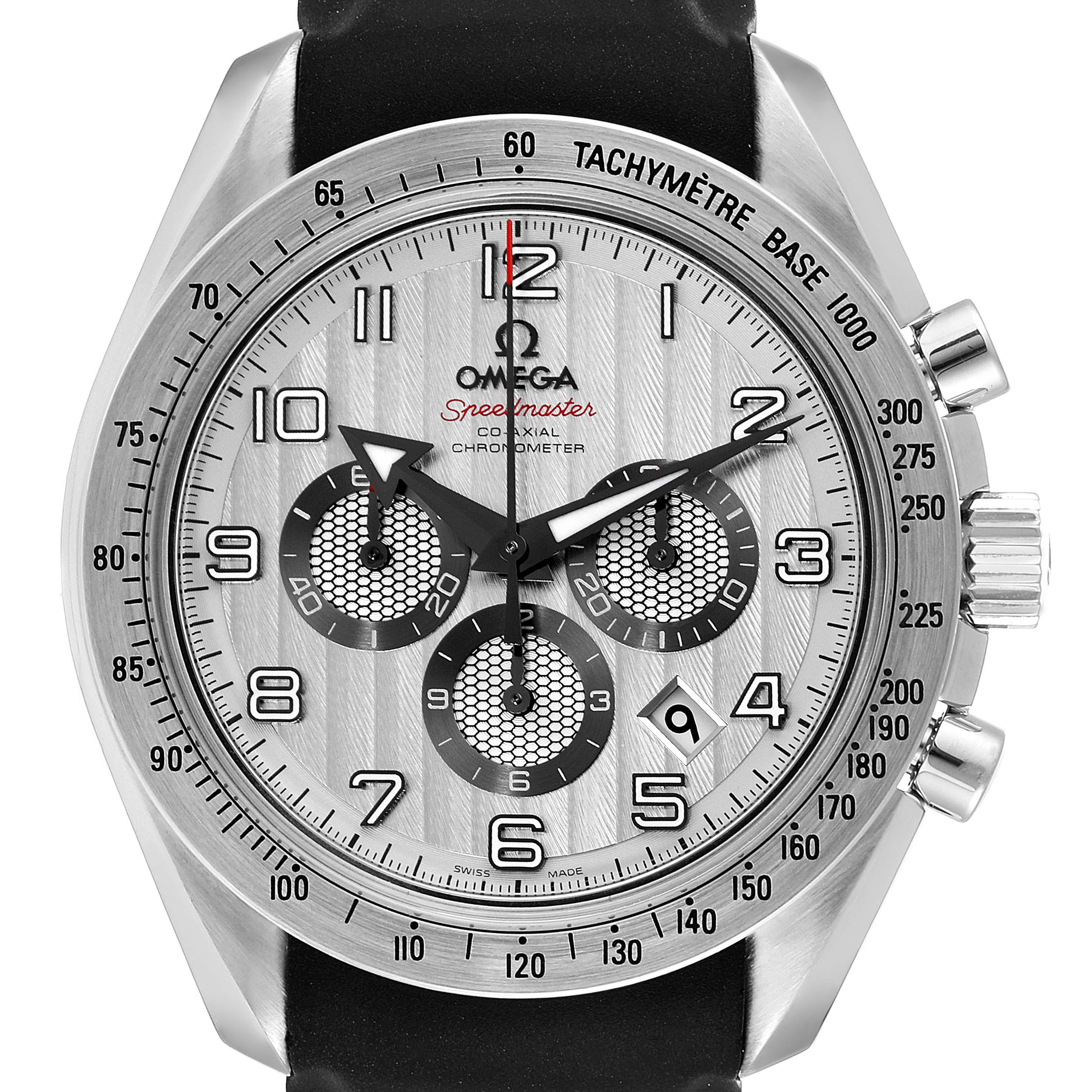 This image shows a full frontal view of the Omega Speedmaster 321.13.44.50.02.001 Men
s Stainless Steel Silver Dial 321.13.44.50.02.001 Men
s Stainless Steel Silver Dial, displaying the dial, tachymeter bezel, chronograph subdials, and side pushers.
