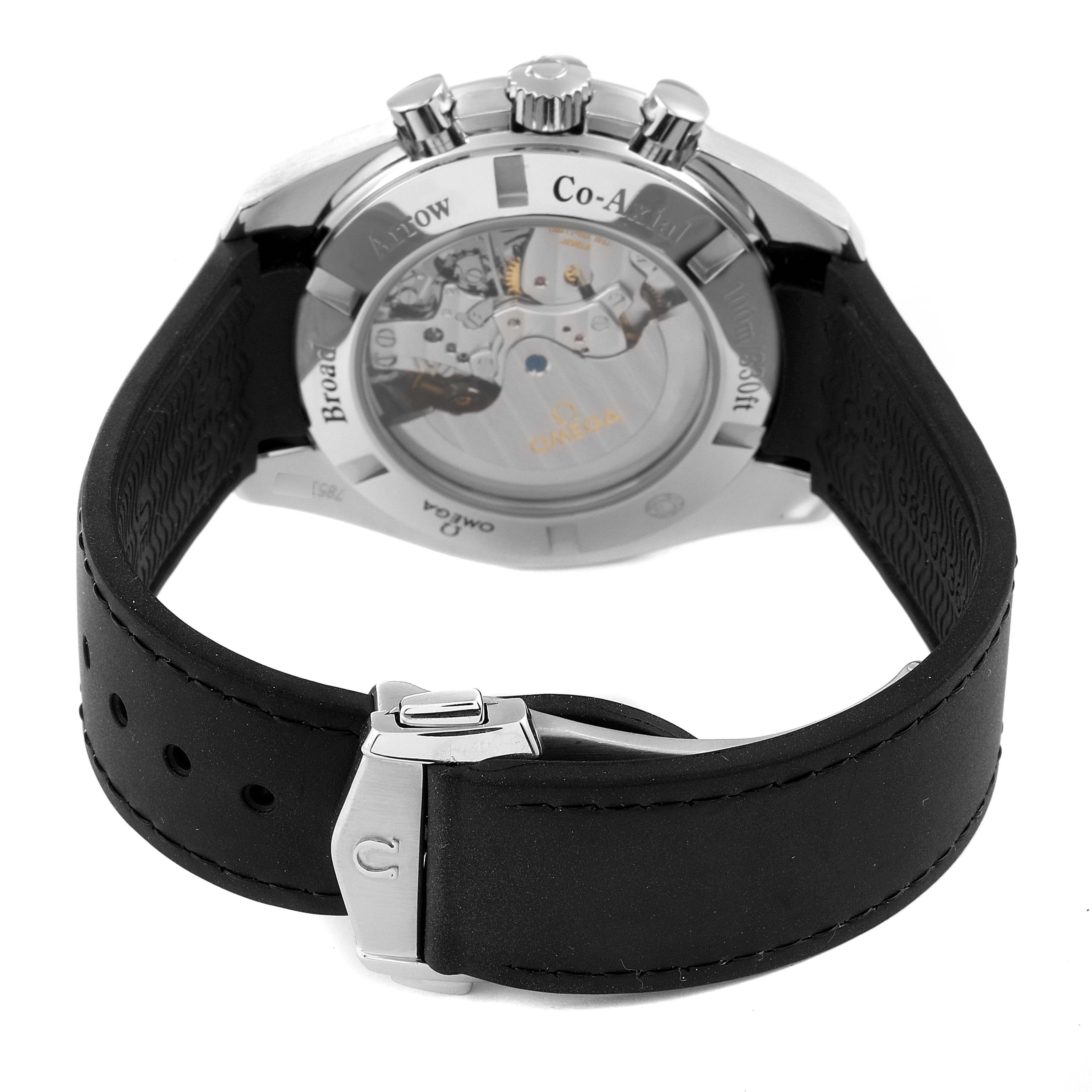 The image shows the back view of an Omega Speedmaster 321.13.44.50.02.001 Men
s Stainless Steel Silver Dial 321.13.44.50.02.001 Men
s Stainless Steel Silver Dial watch, highlighting the transparent case back and black strap with a clasp.