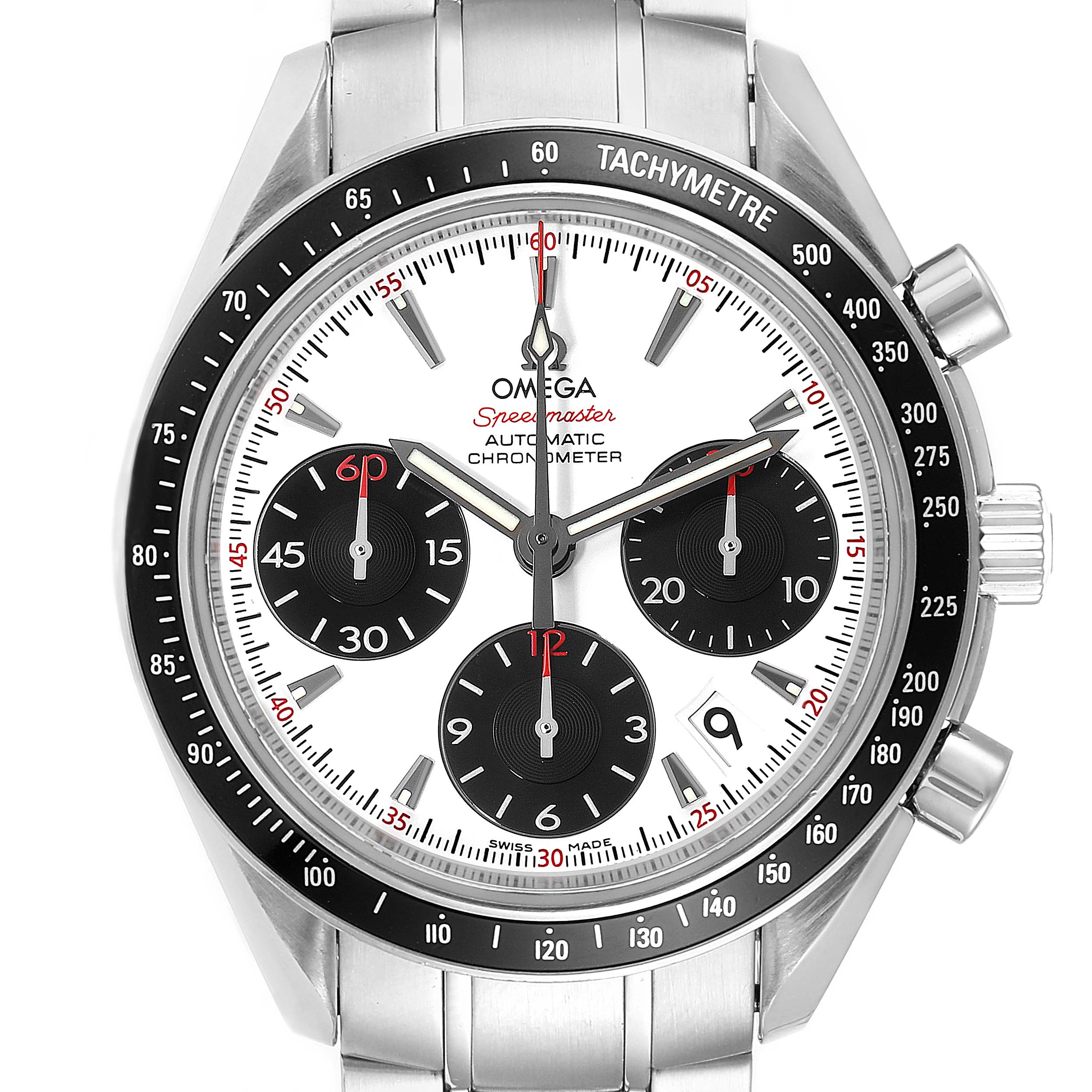 The image displays a front view of the Omega Speedmaster 323.30.40.40.04.001 Men's Stainless Steel White Dial 323.30.40.40.04.001 Men's Stainless Steel White Dial watch, showing the dial, bezel, chronograph subdials, and stainless steel bracelet.