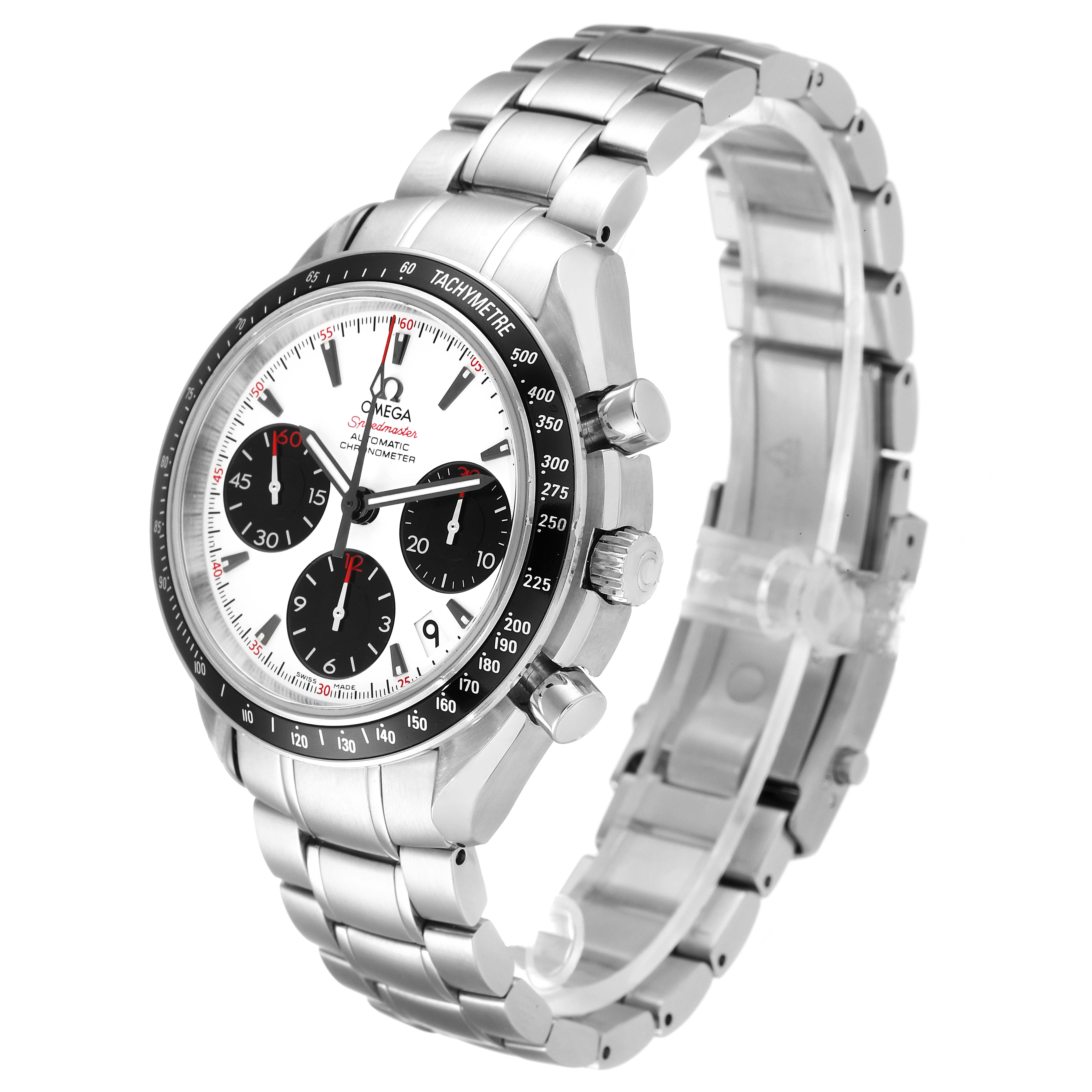 The image shows an Omega Speedmaster 323.30.40.40.04.001 Men's Stainless Steel White Dial 323.30.40.40.04.001 Men's Stainless Steel White Dial watch at a three-quarter angle, highlighting its face, tachymeter bezel, and stainless steel bracelet.