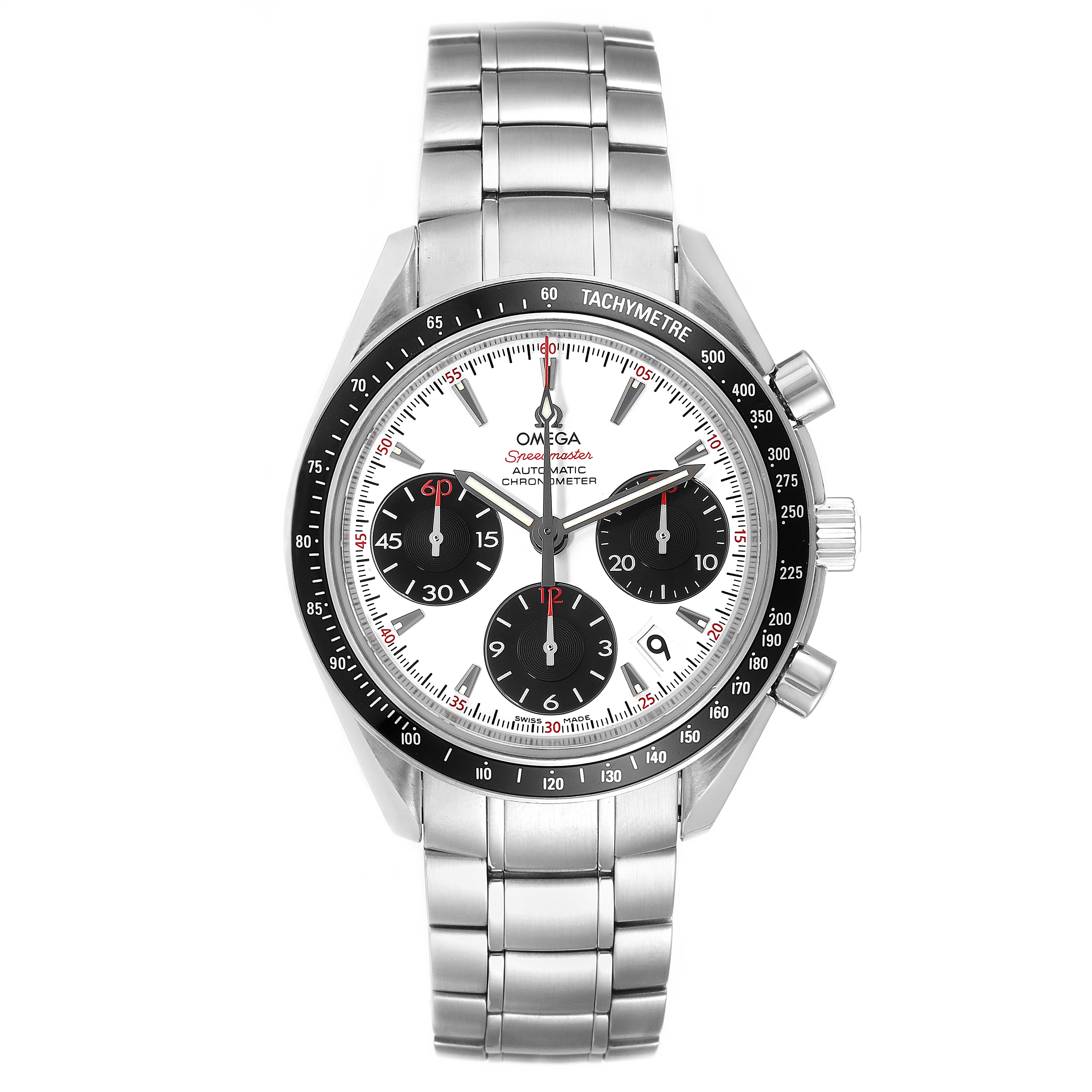 The Omega Speedmaster 323.30.40.40.04.001 Men's Stainless Steel White Dial 323.30.40.40.04.001 Men's Stainless Steel White Dial watch is shown from the front, displaying the dial, bezel, and stainless steel bracelet.