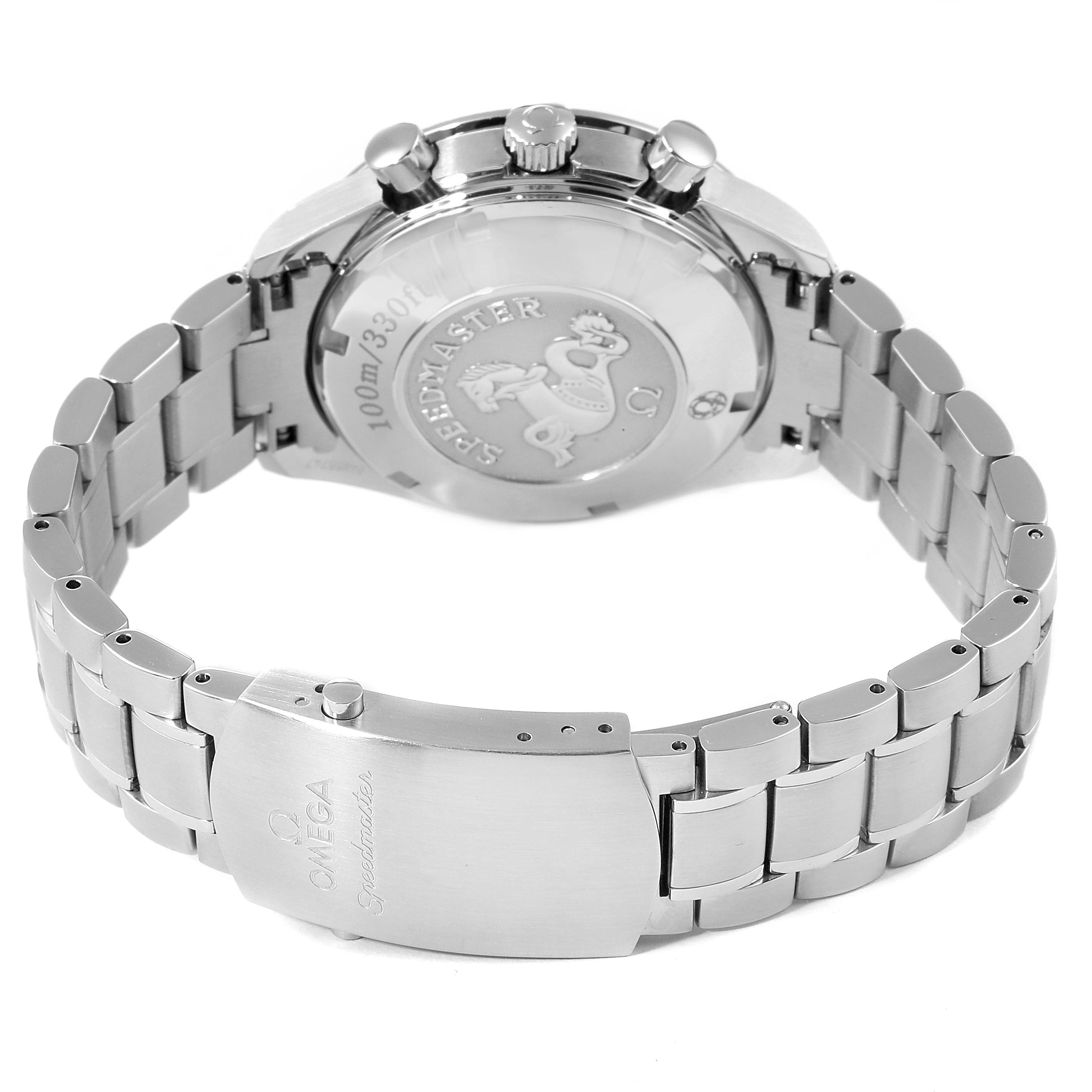 The image shows the backside and bracelet of the Omega Speedmaster 323.30.40.40.04.001 Men's Stainless Steel White Dial 323.30.40.40.04.001 Men's Stainless Steel White Dial watch, highlighting the clasp and case back details.
