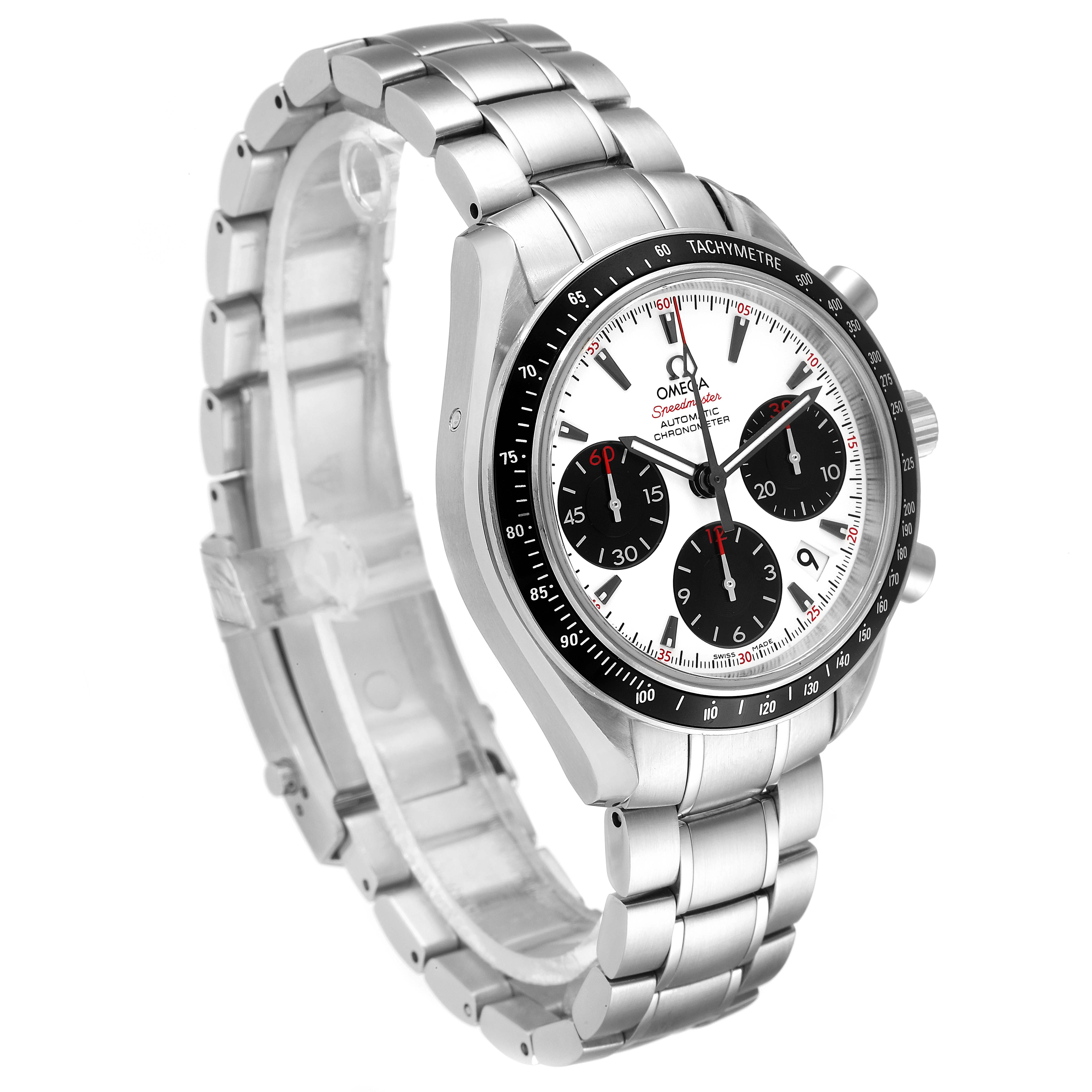 The Omega Speedmaster 323.30.40.40.04.001 Men's Stainless Steel White Dial 323.30.40.40.04.001 Men's Stainless Steel White Dial watch is shown at a slight angle, highlighting its face, bezel, and metal bracelet band.