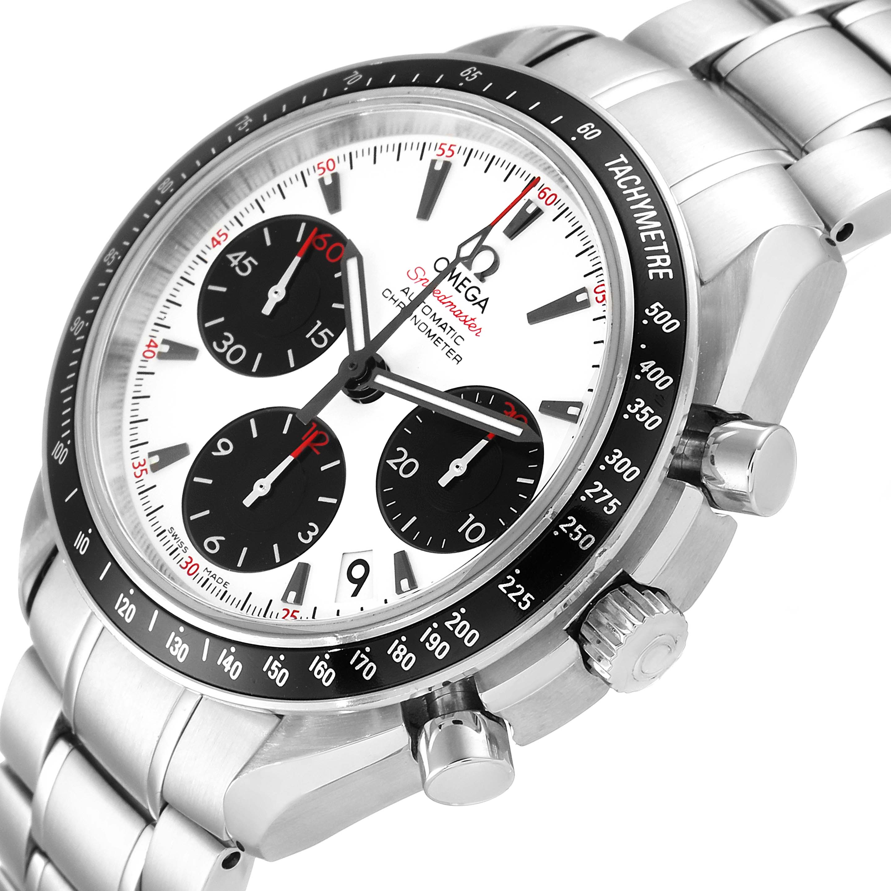 The Omega Speedmaster 323.30.40.40.04.001 Men's Stainless Steel White Dial 323.30.40.40.04.001 Men's Stainless Steel White Dial watch is shown at an angle, highlighting the dial, bezel, subdials, case, crown, and bracelet.