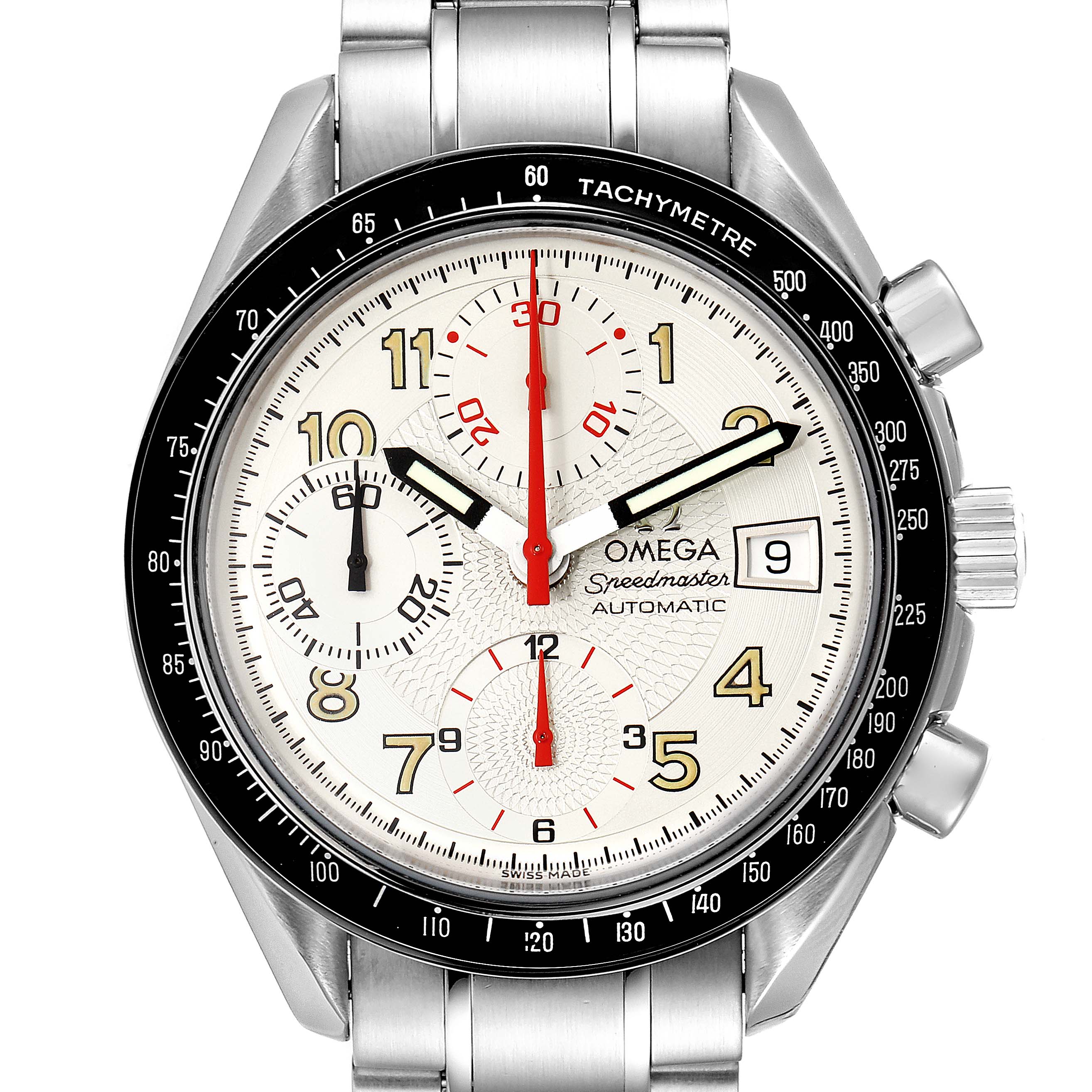 This image shows a frontal view of an Omega Speedmaster 3513.33.00 Men
s Stainless Steel White Dial 3513.33.00 Men
s Stainless Steel White Dial watch, displaying the dial, tachymeter bezel, and chronograph sub-dials.