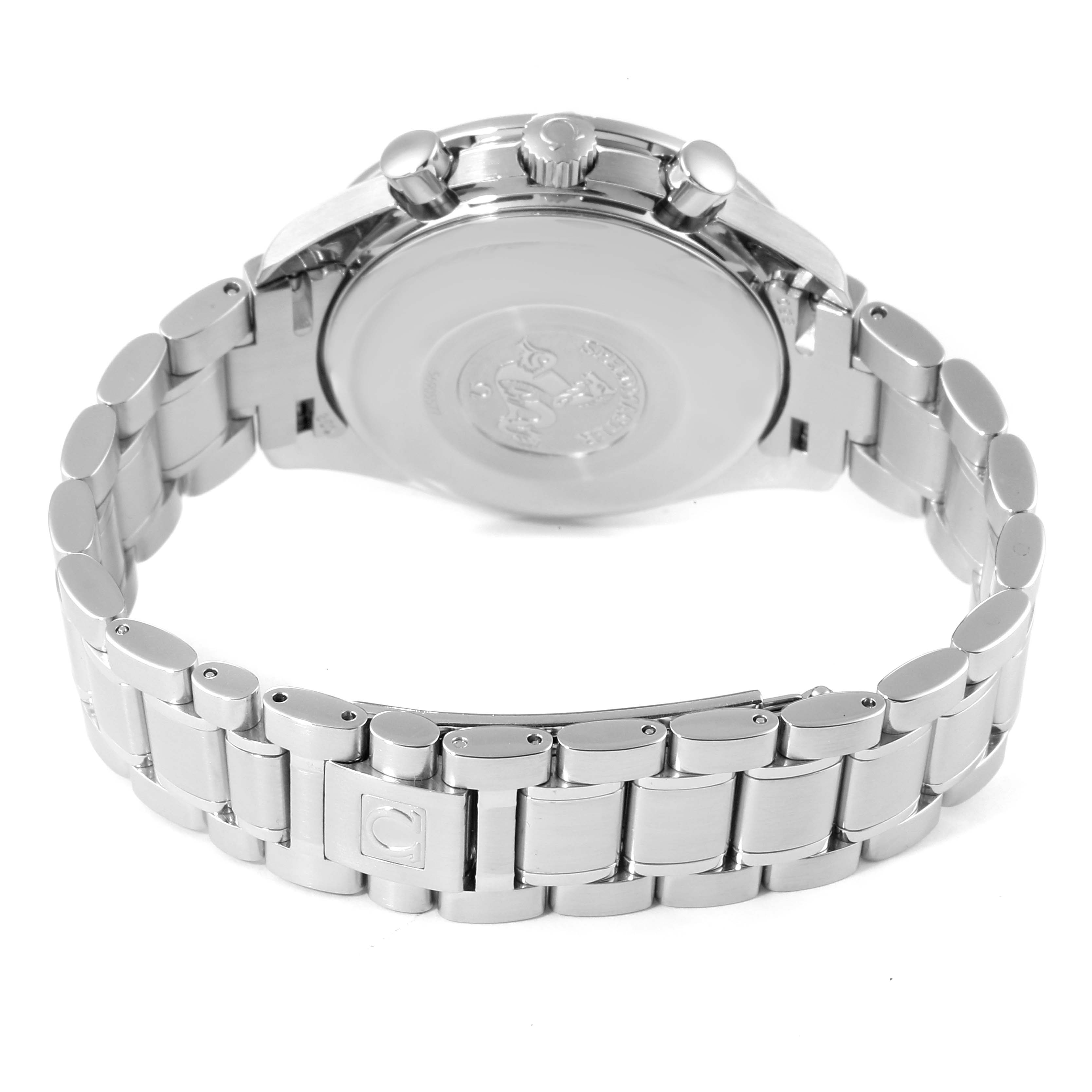 The image shows the back and bracelet of an Omega Speedmaster 3513.33.00 Men
s Stainless Steel White Dial 3513.33.00 Men
s Stainless Steel White Dial watch at an angle highlighting the clasp and caseback engravings.