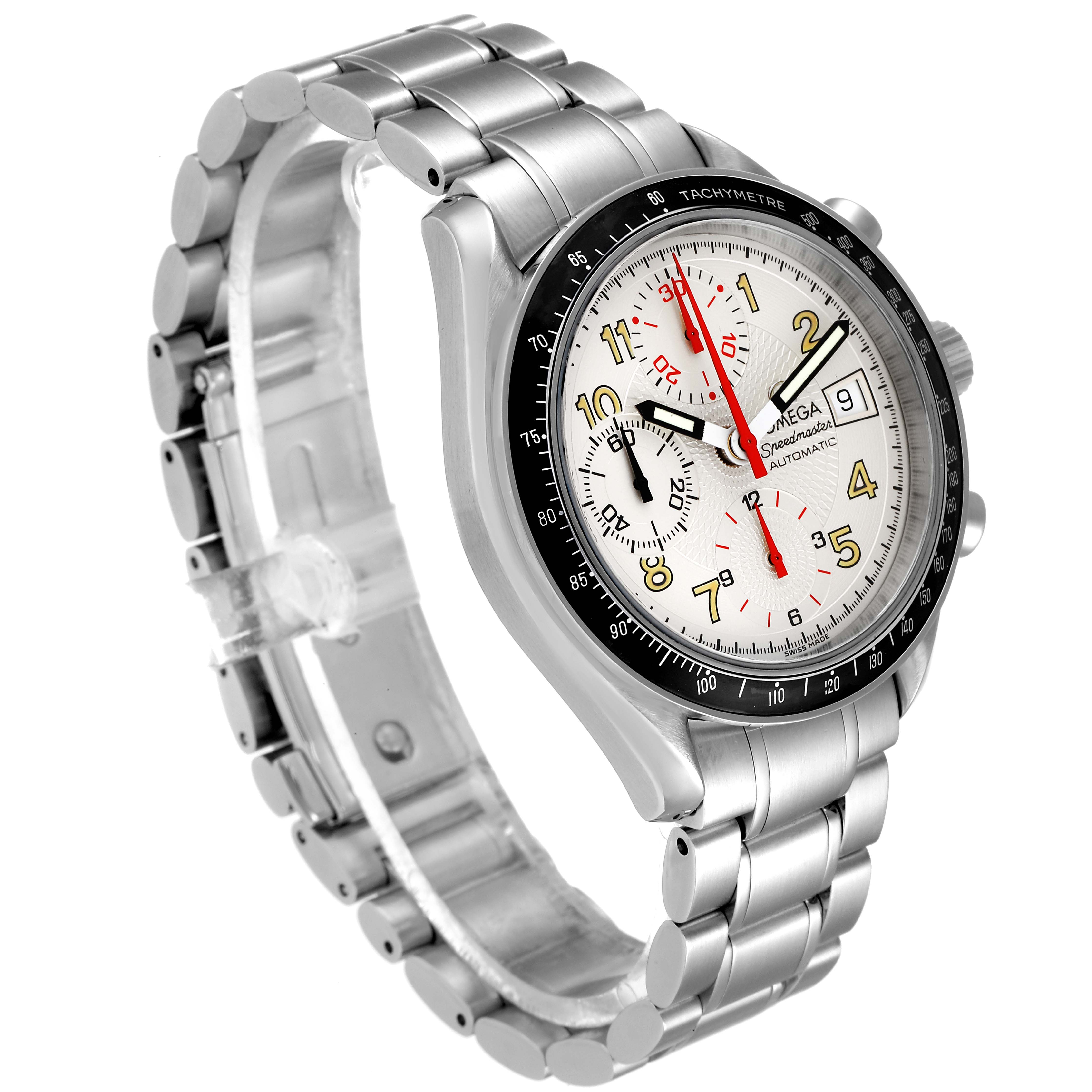 The image shows an Omega Speedmaster 3513.33.00 Men
s Stainless Steel White Dial 3513.33.00 Men
s Stainless Steel White Dial watch at a three-quarter angle, displaying the face, bezel, buttons, and bracelet.