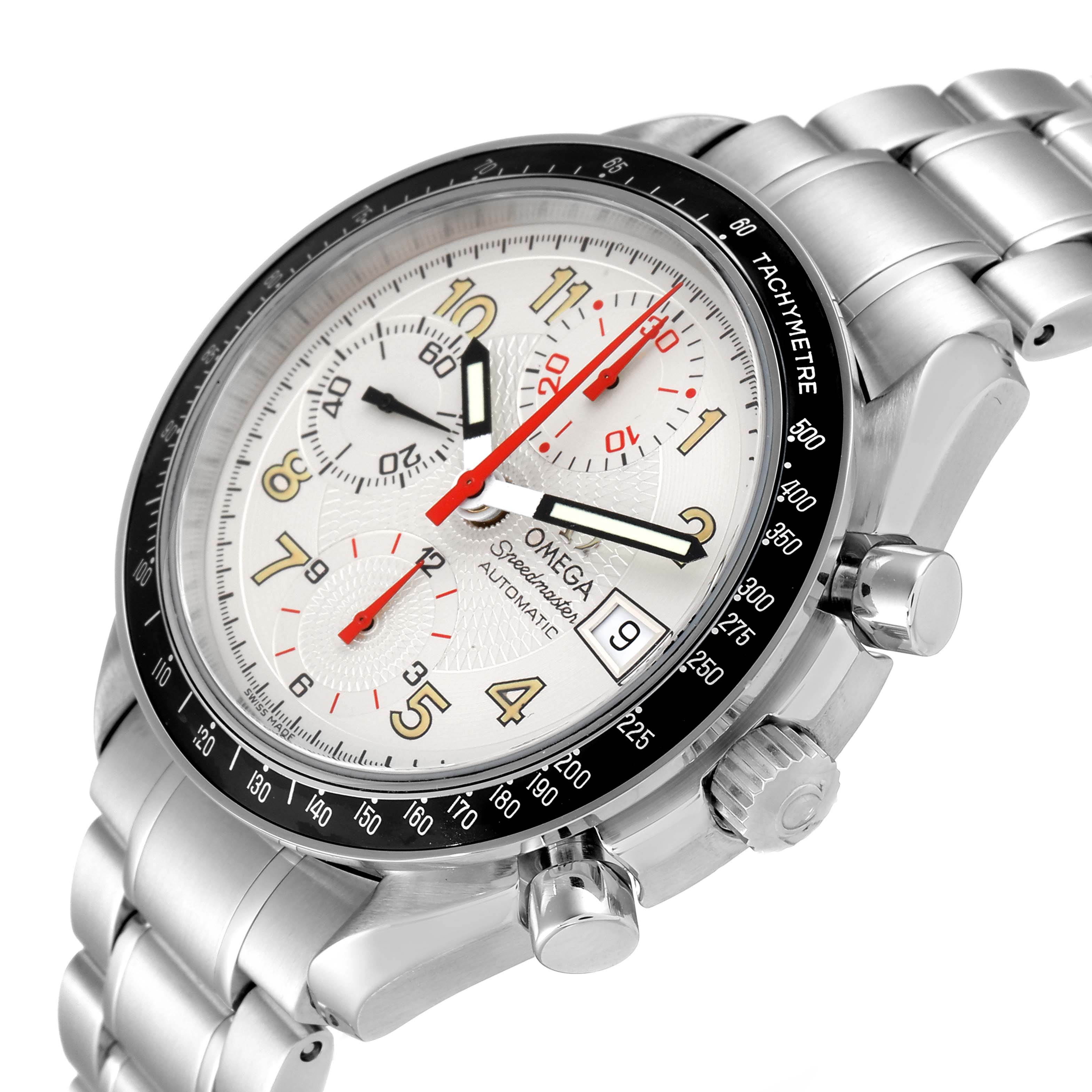 The image shows a tilted view of the Omega Speedmaster 3513.33.00 Men
s Stainless Steel White Dial 3513.33.00 Men
s Stainless Steel White Dial watch, highlighting its face, bezel, subdials, crown, pushers, and metal bracelet.