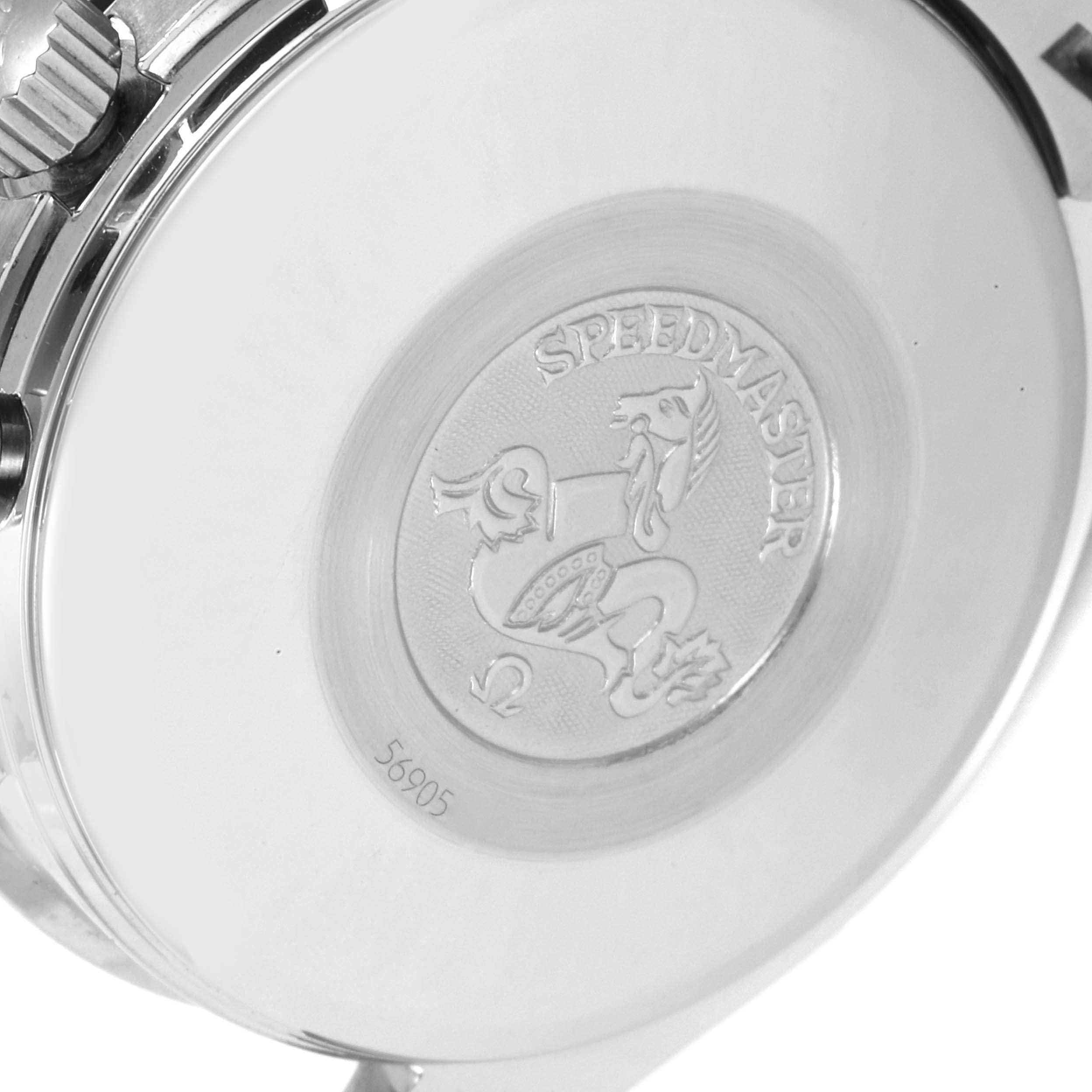 The image shows the back case of the Omega Speedmaster 3513.33.00 Men
s Stainless Steel White Dial 3513.33.00 Men
s Stainless Steel White Dial watch, with the logo and some crown and case details.