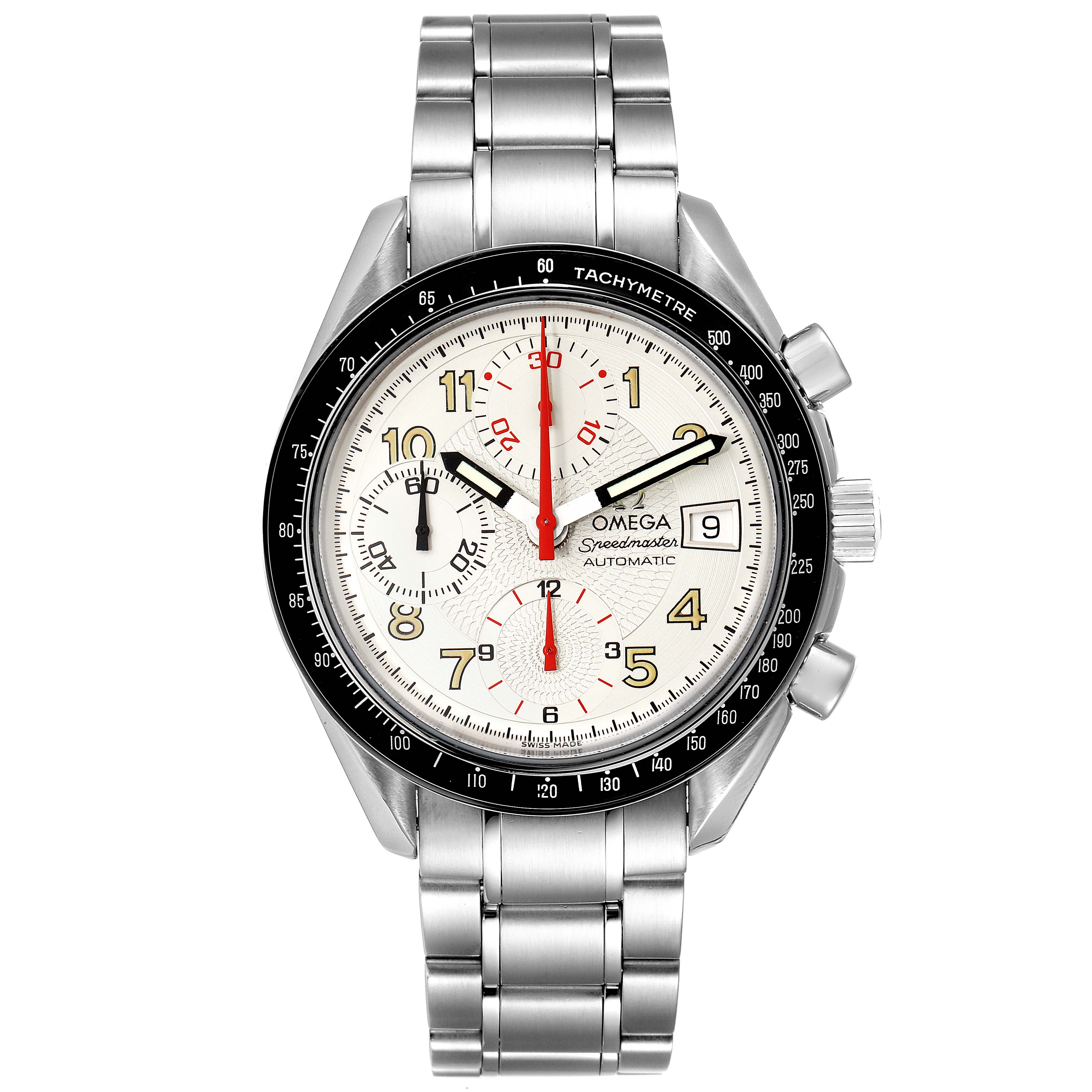 The Omega Speedmaster 3513.33.00 Men
s Stainless Steel White Dial 3513.33.00 Men
s Stainless Steel White Dial watch is shown from a front angle, displaying the dial, bezel, crown, pushers, and bracelet.