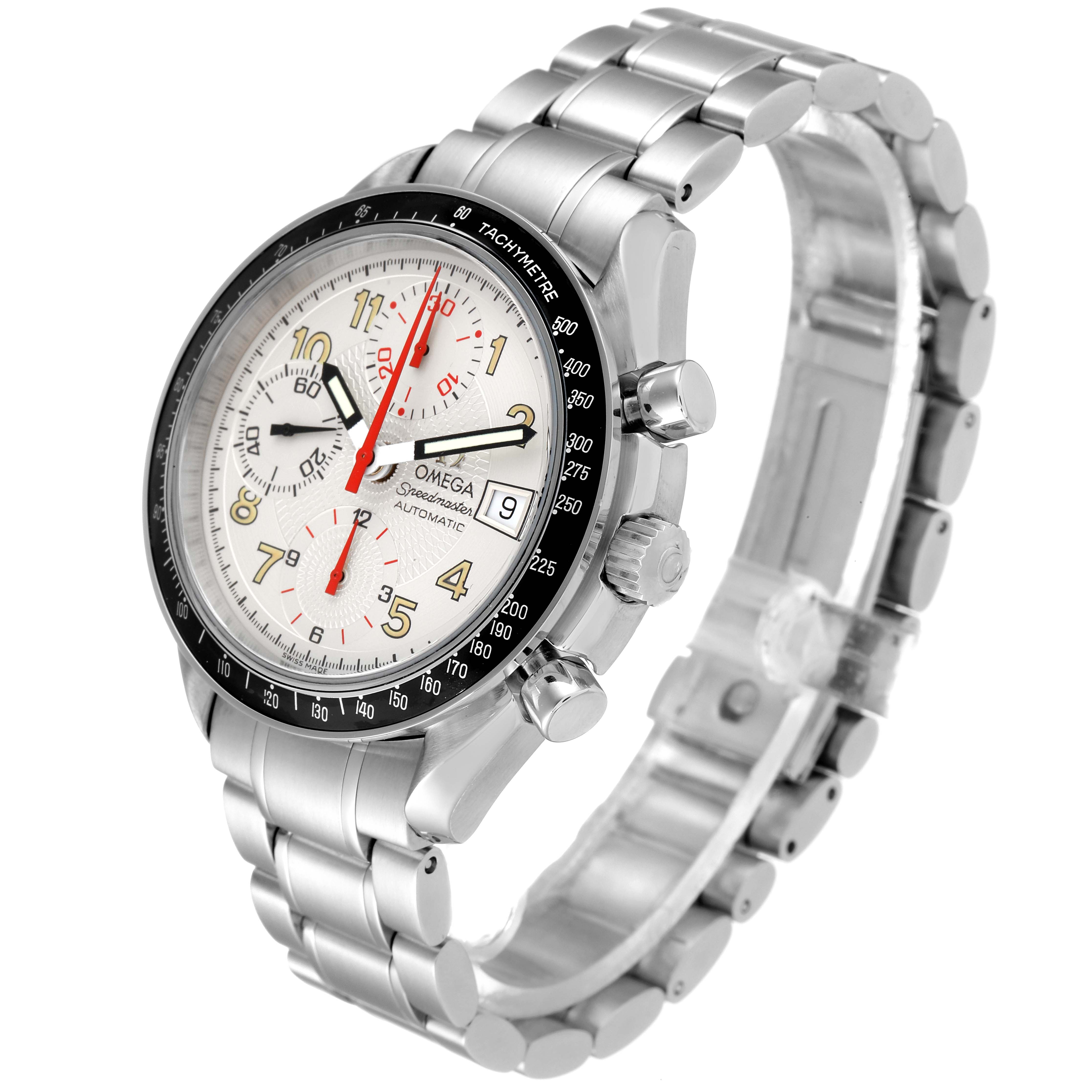 The image shows the Omega Speedmaster 3513.33.00 Men
s Stainless Steel White Dial 3513.33.00 Men
s Stainless Steel White Dial watch at a three-quarter angle, highlighting the dial, bezel, crown, and stainless steel bracelet.