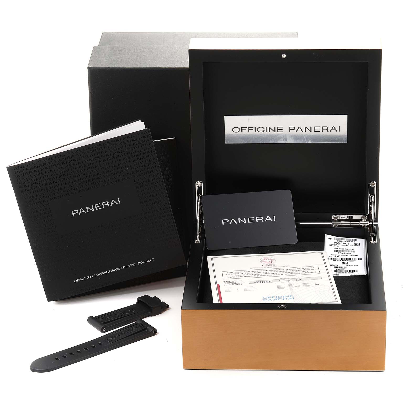 The image shows the box, booklet, warranty card, and additional strap for a Panerai Luminor PAM01005 Men's Stainless Steel Black Dial PAM01005 Men's Stainless Steel Black Dial watch at an angle displaying them front-on.