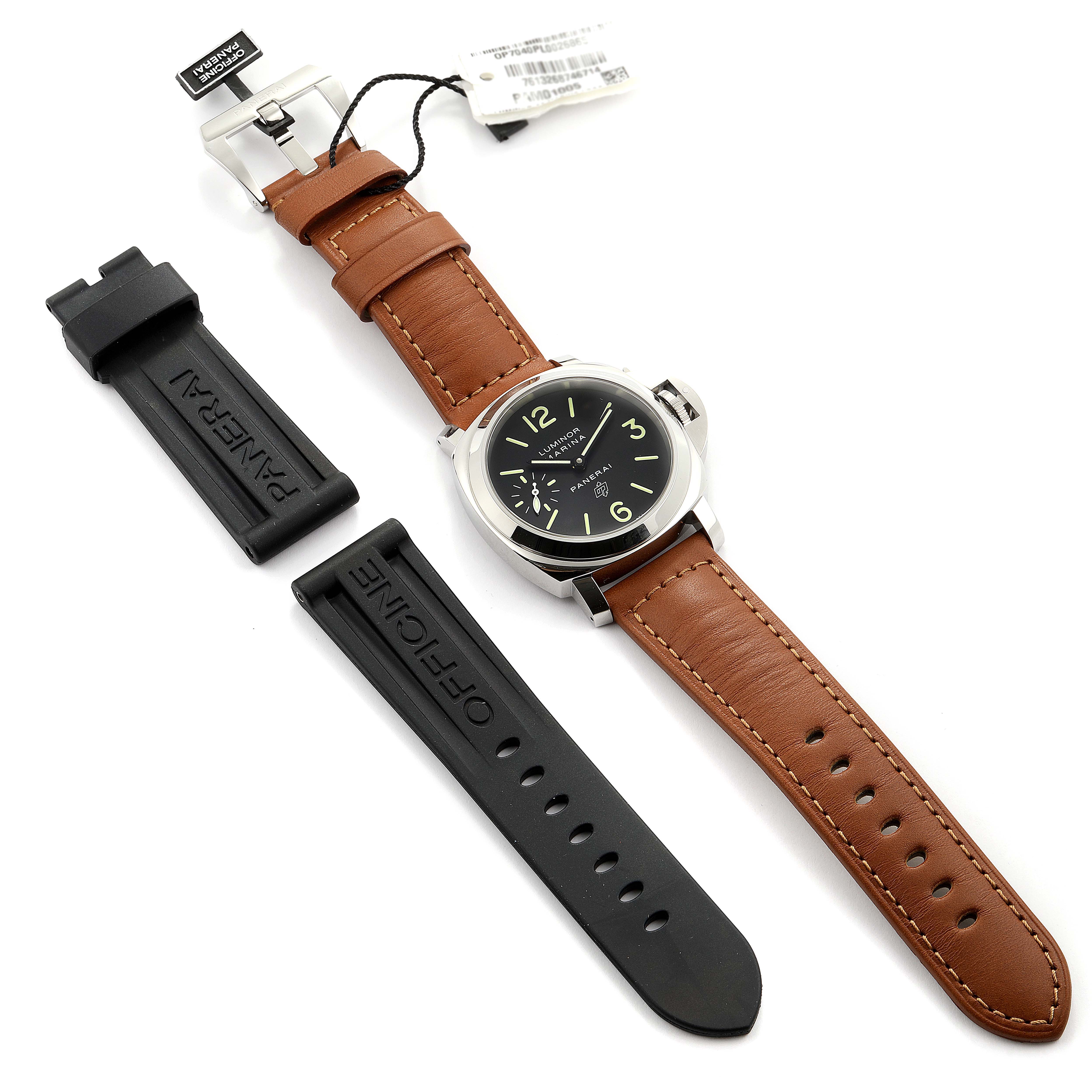 This image shows a top-down view of the Panerai Luminor PAM01005 Men's Stainless Steel Black Dial PAM01005 Men's Stainless Steel Black Dial watch with brown leather straps and additional black rubber straps.