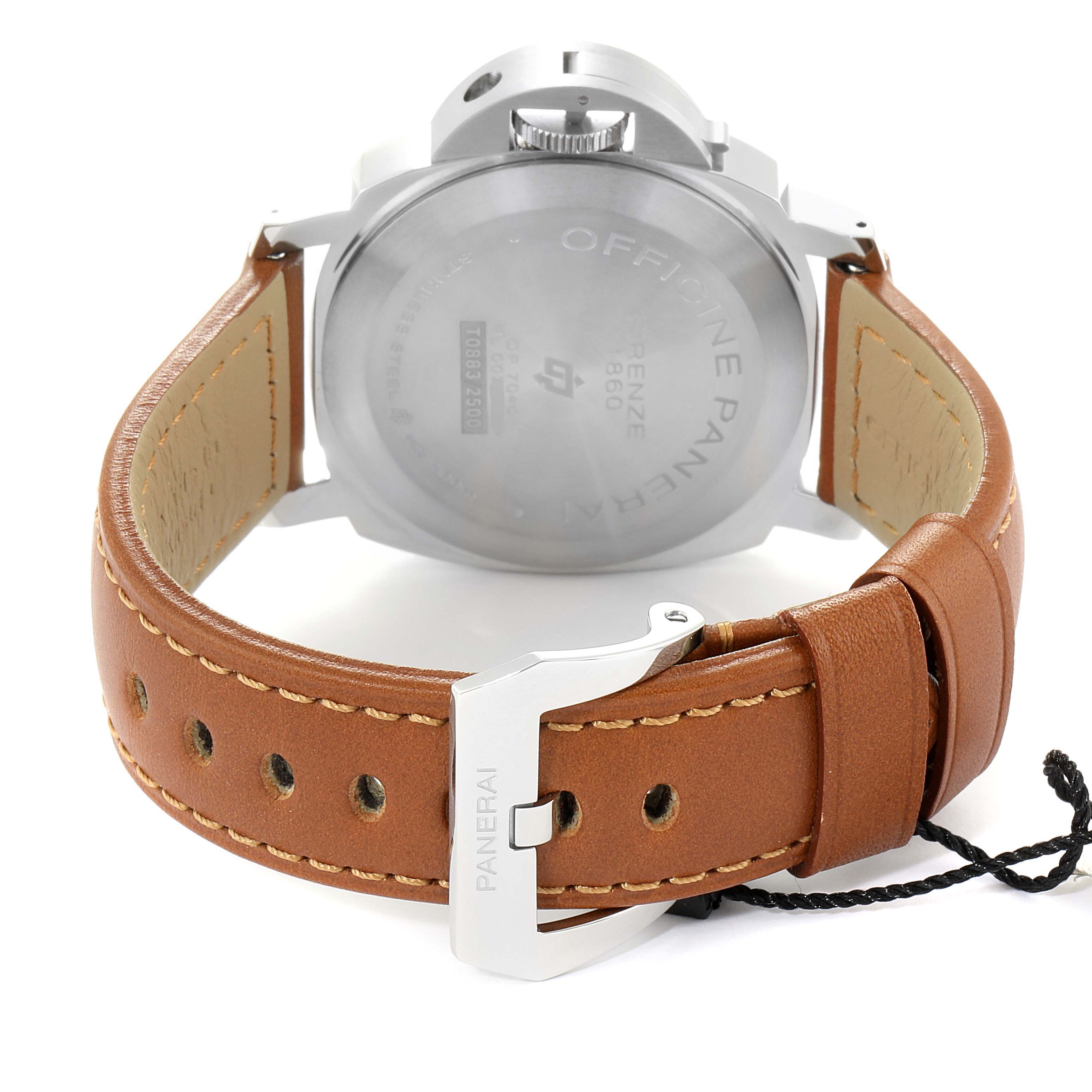 This image shows the back view of a Panerai Luminor PAM01005 Men's Stainless Steel Black Dial PAM01005 Men's Stainless Steel Black Dial watch, including its case back and brown leather strap.