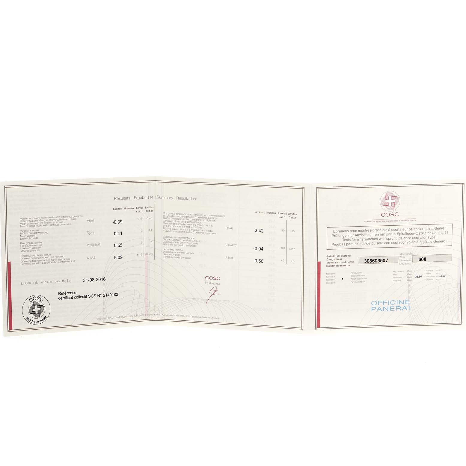 The image shows the certificate of authenticity and test results for the Panerai Luminor PAM01005 Men's Stainless Steel Black Dial PAM01005 Men's Stainless Steel Black Dial watch model, with information laid out flat and fully open.