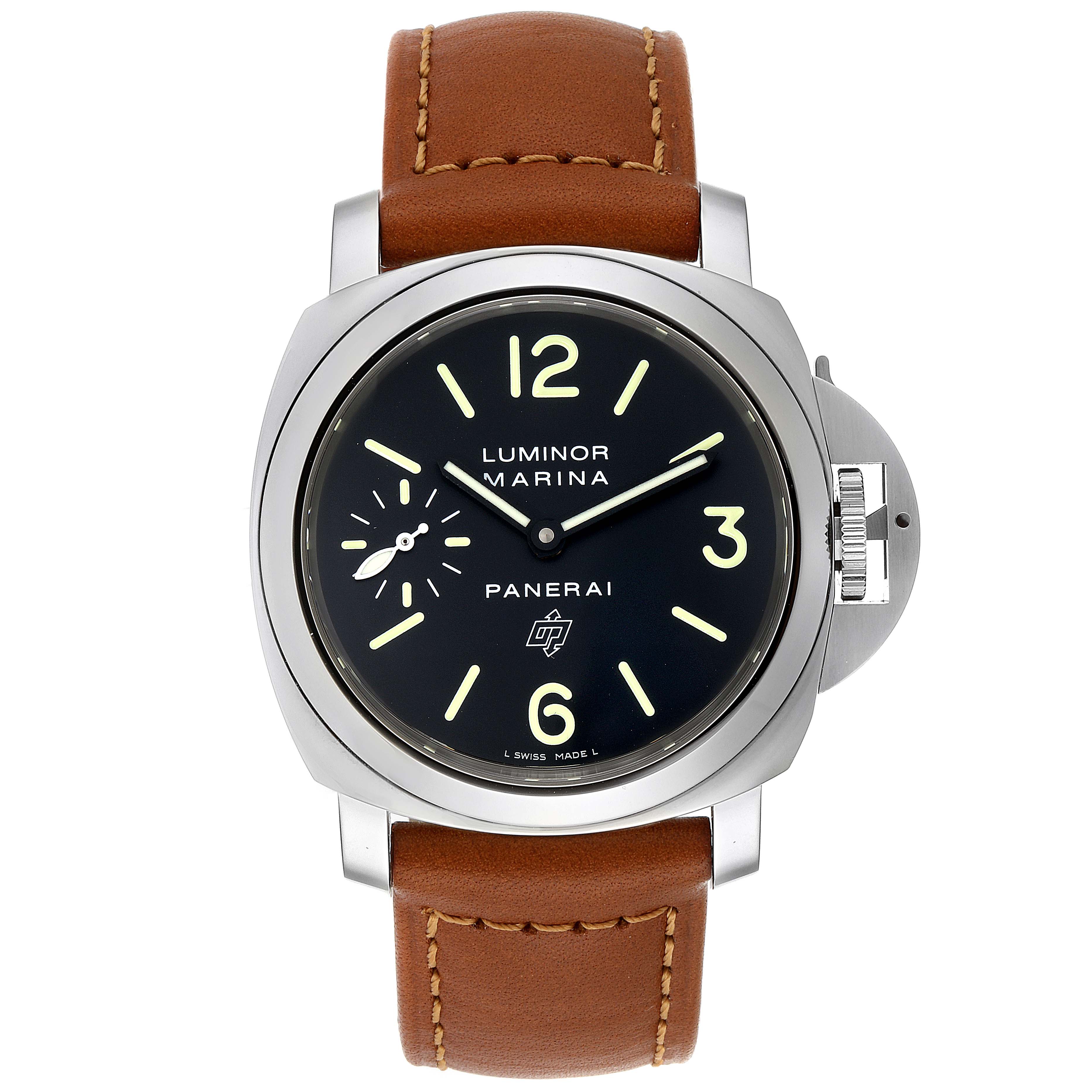 The image shows a front view of a Panerai Luminor PAM01005 Men's Stainless Steel Black Dial PAM01005 Men's Stainless Steel Black Dial model watch with a brown leather strap and black dial.