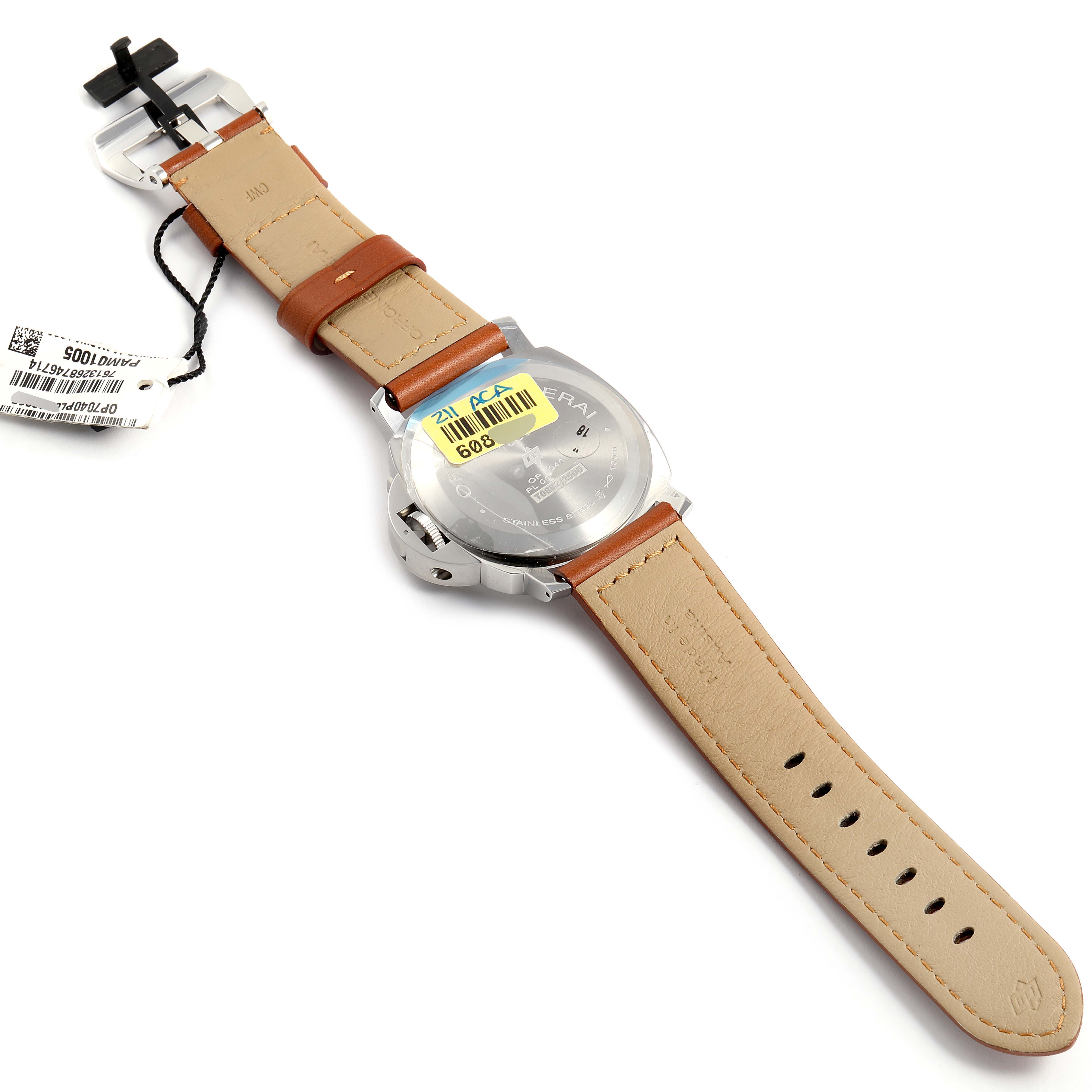 The image shows the back view of a Panerai Luminor PAM01005 Men's Stainless Steel Black Dial PAM01005 Men's Stainless Steel Black Dial watch, including the strap, buckle, tags, and case back.