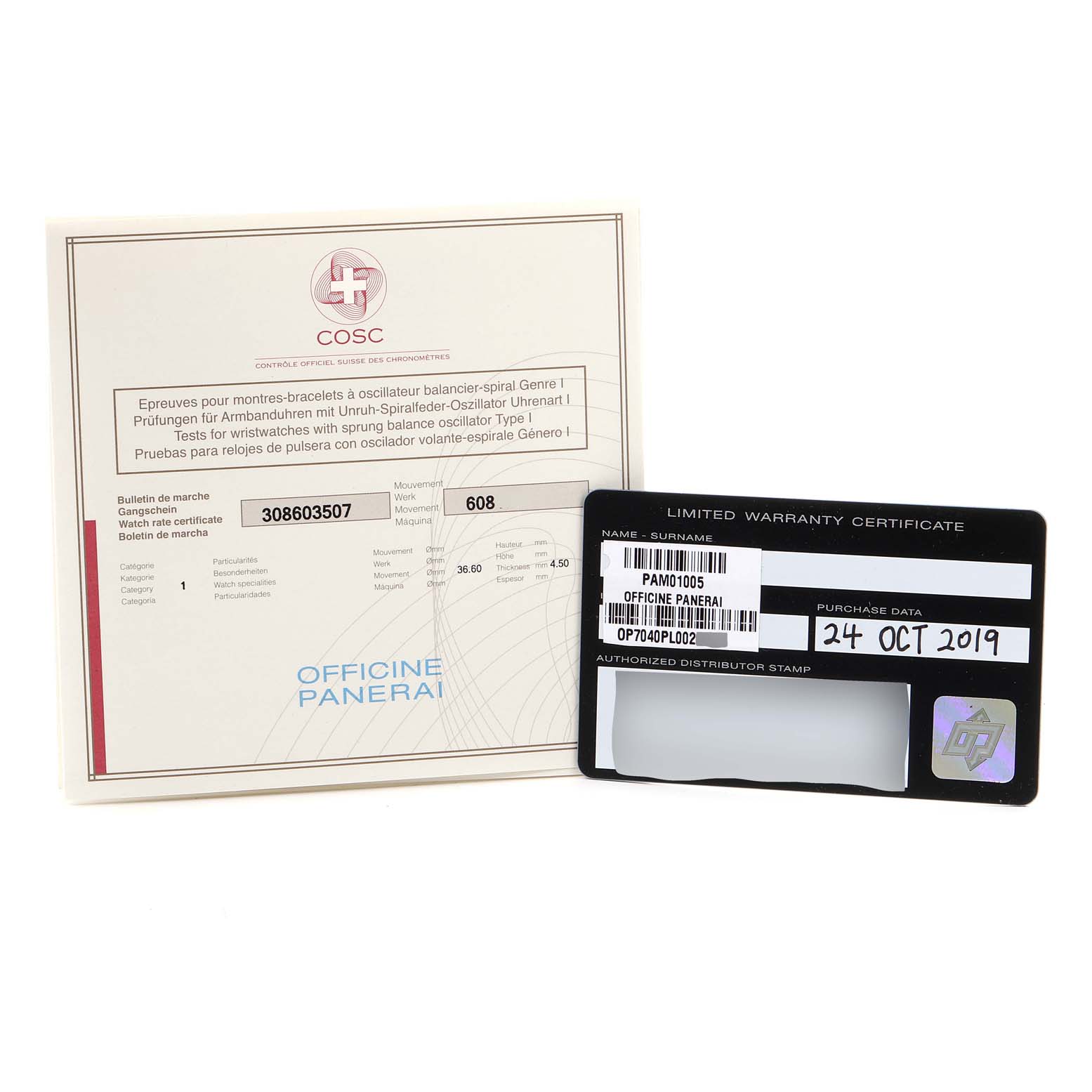 The image shows a COSC certificate and a limited warranty certificate for a Panerai Luminor PAM01005 Men's Stainless Steel Black Dial PAM01005 Men's Stainless Steel Black Dial watch at an angle.