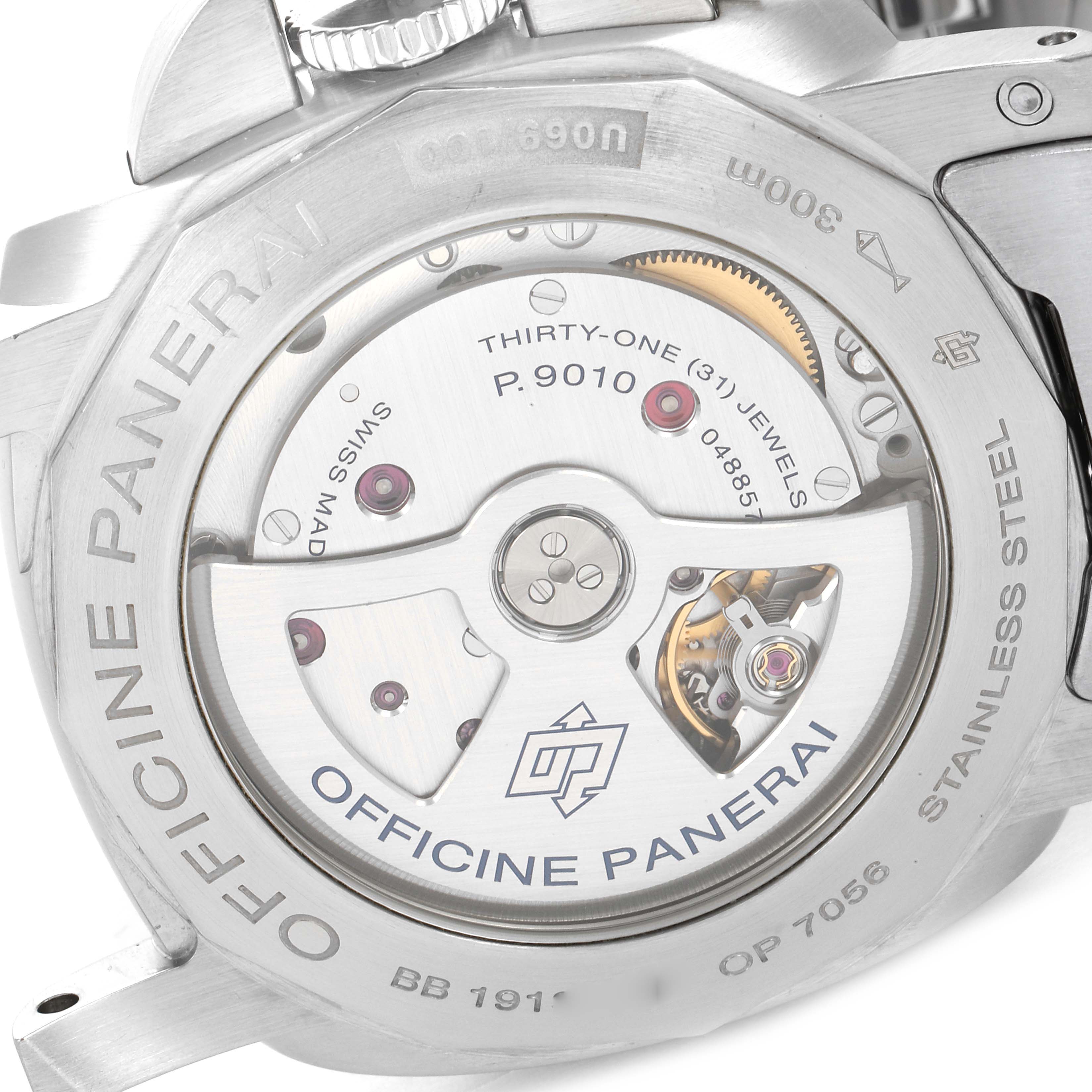 The image shows the back of a Panerai Luminor PAM00958 Men's Stainless Steel Blue Dial PAM00958 Men's Stainless Steel Blue Dial watch, revealing the movement and inner mechanism.