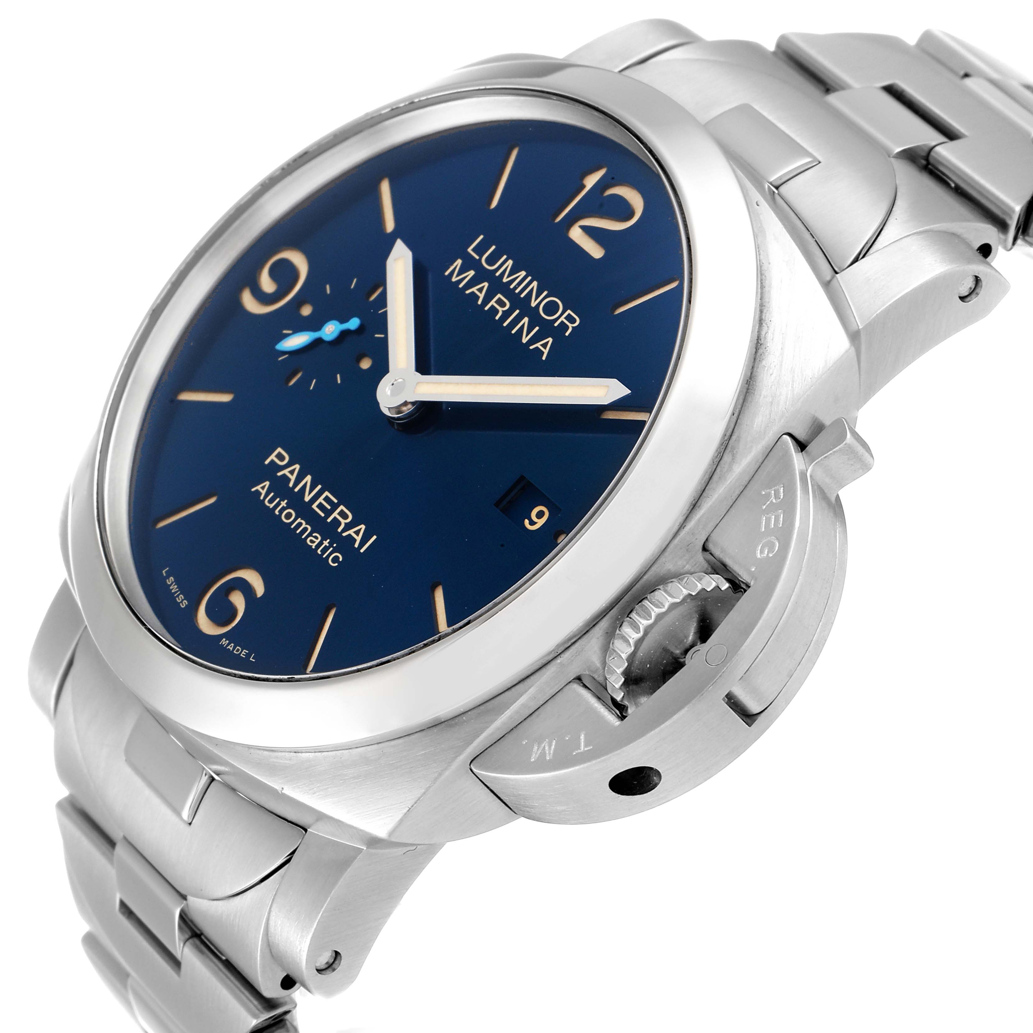 This image shows a close-up angle of the Panerai Luminor PAM00958 Men's Stainless Steel Blue Dial PAM00958 Men's Stainless Steel Blue Dial watch, highlighting the blue dial, crown guard, and stainless steel bracelet.