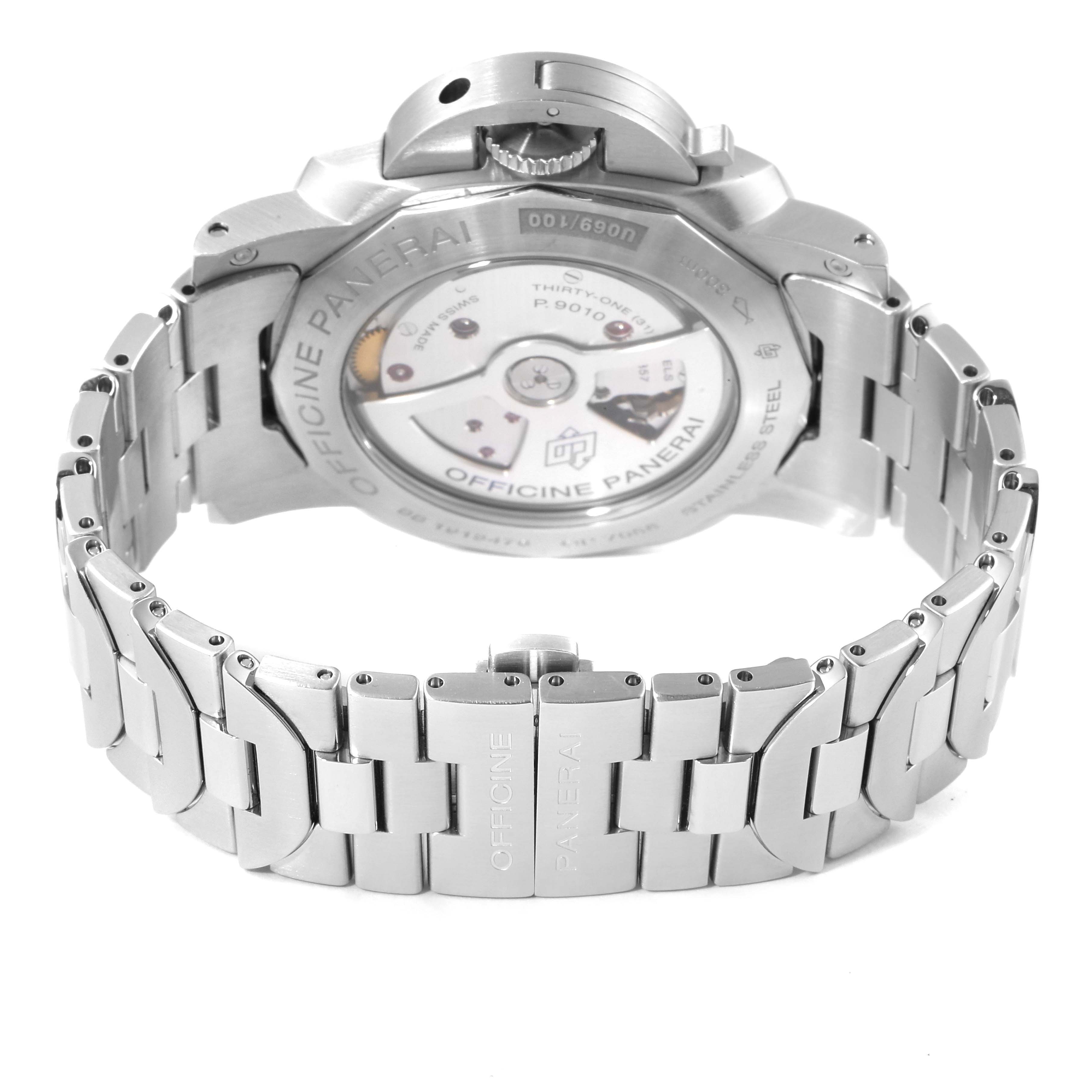 The image shows the back angle of the Luminor model watch by Panerai, highlighting the case back and metal bracelet.