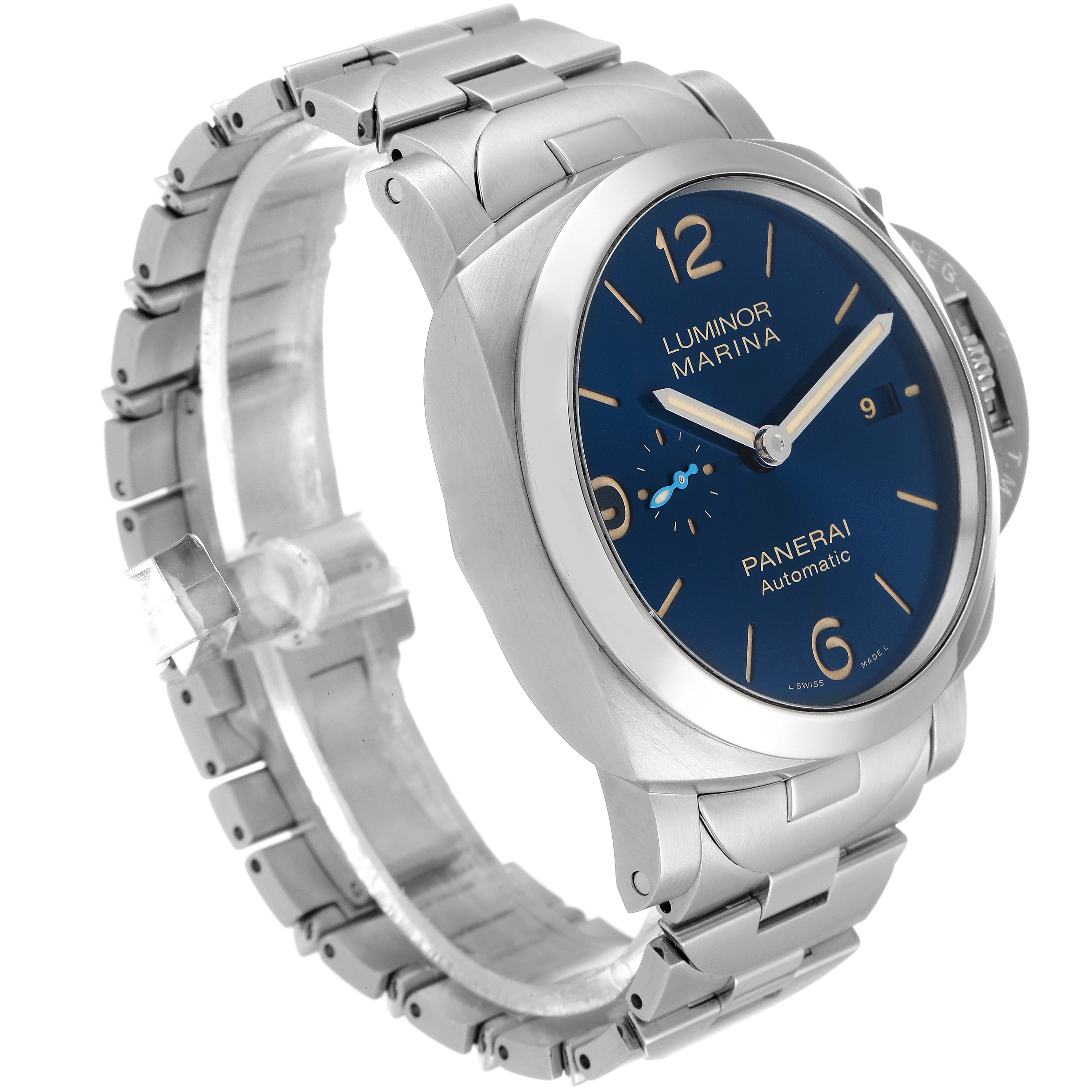 This image shows a side angle of the Panerai Luminor PAM00958 Men's Stainless Steel Blue Dial PAM00958 Men's Stainless Steel Blue Dial Marina watch, highlighting its blue dial and metal bracelet.