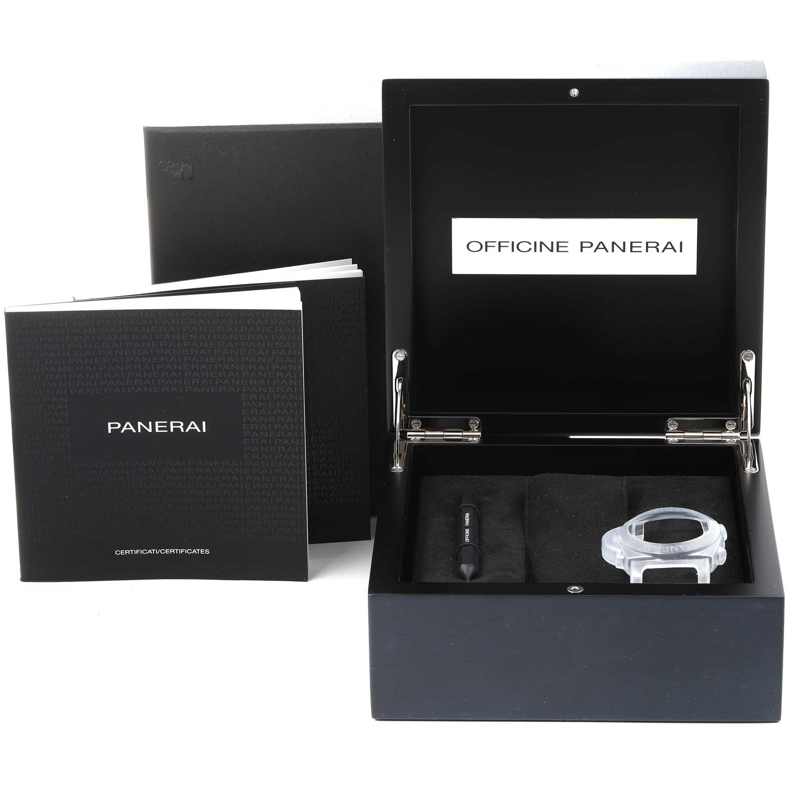 The image shows an open box with watch accessories, manuals, and a case for a Panerai Luminor PAM00958 Men's Stainless Steel Blue Dial PAM00958 Men's Stainless Steel Blue Dial model.