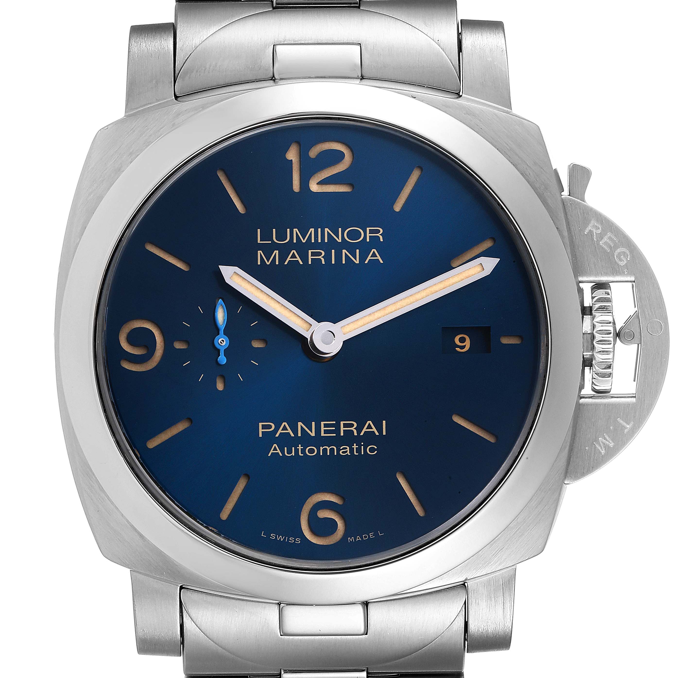 This is a front-facing view of the Panerai Luminor PAM00958 Men's Stainless Steel Blue Dial PAM00958 Men's Stainless Steel Blue Dial Marina watch, showing the dial, hands, date display, and crown guard.