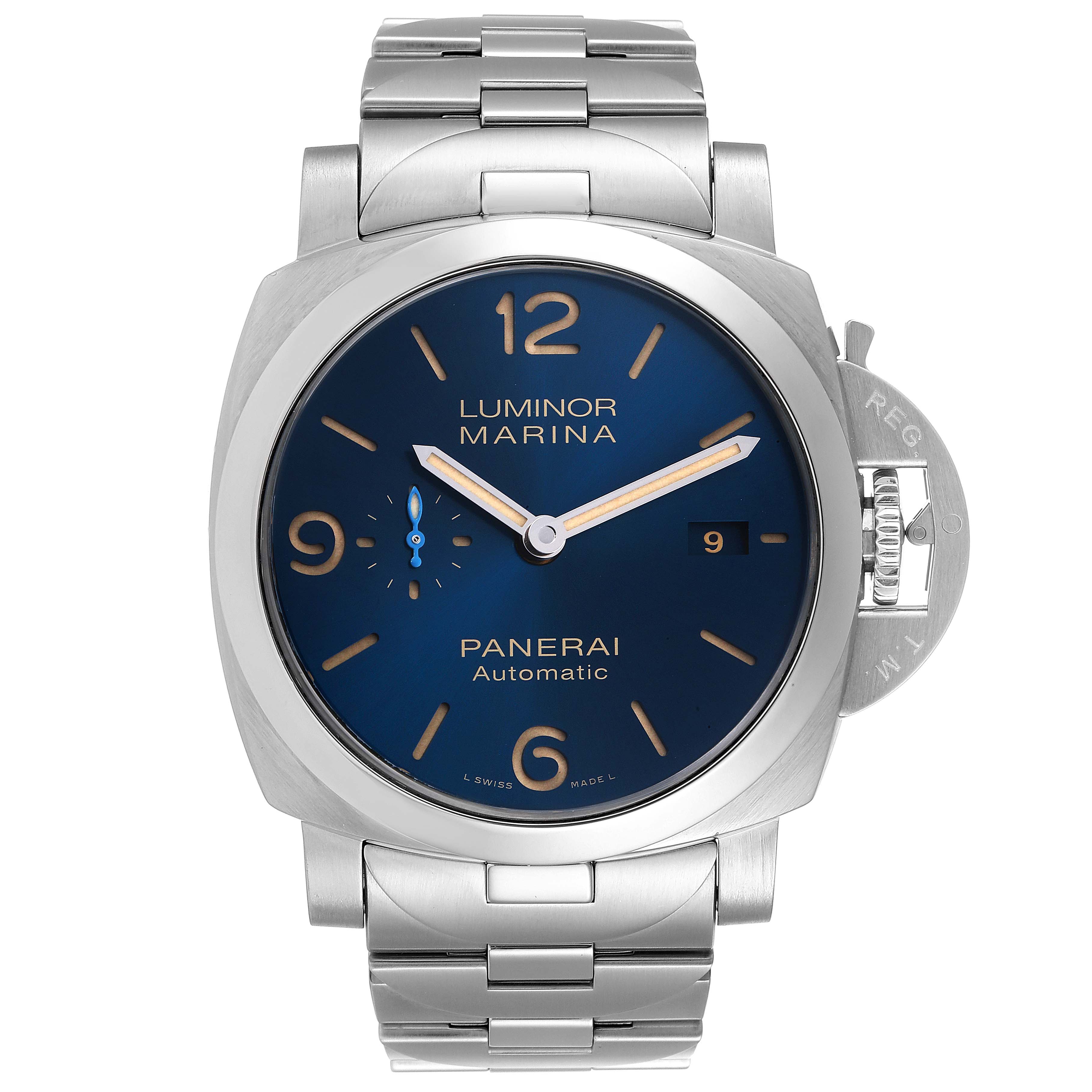 The image shows a front view of the Panerai Luminor PAM00958 Men's Stainless Steel Blue Dial PAM00958 Men's Stainless Steel Blue Dial Marina watch with a blue dial and metal bracelet.