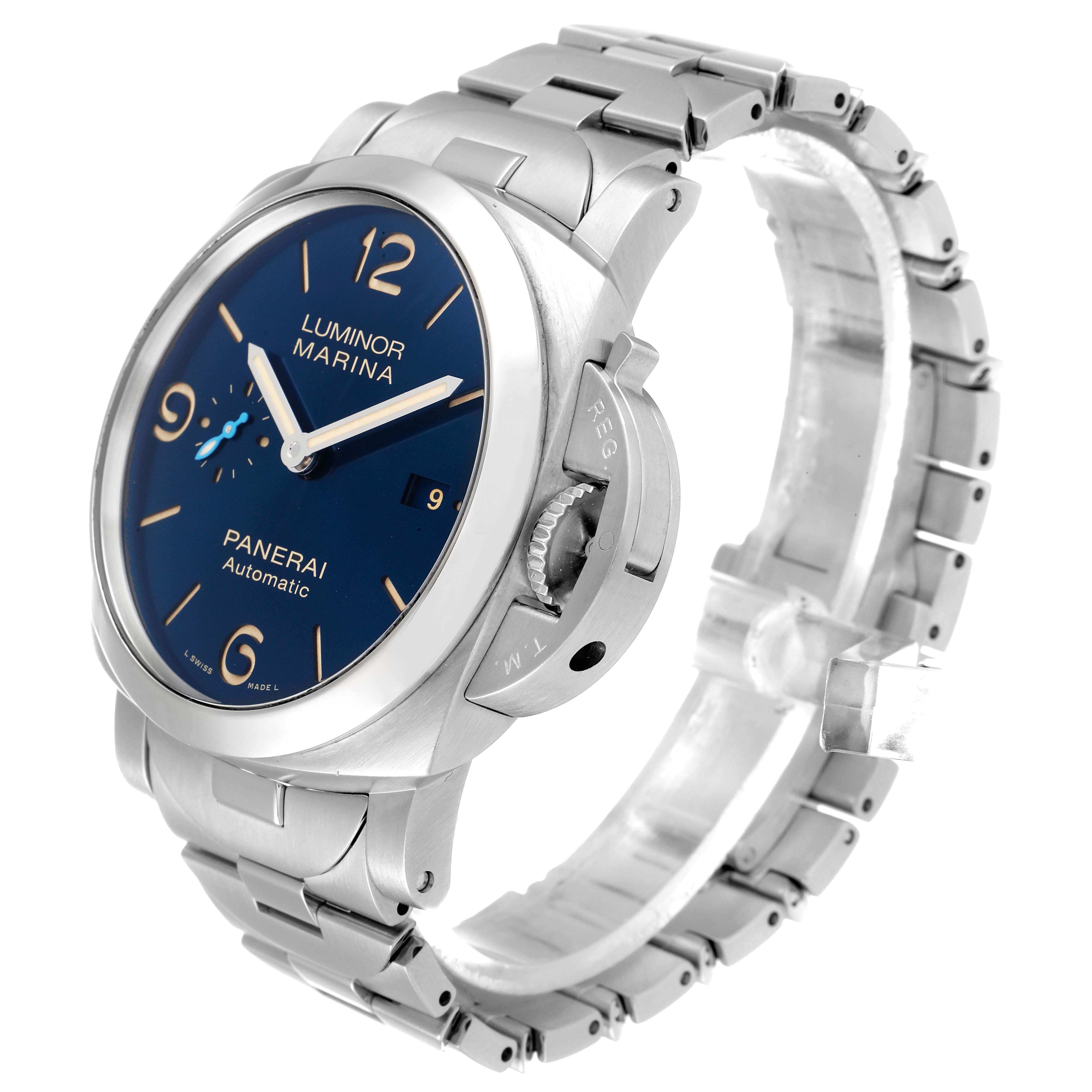 The image shows a side angle of the Panerai Luminor PAM00958 Men's Stainless Steel Blue Dial PAM00958 Men's Stainless Steel Blue Dial Marina watch, highlighting its blue dial, crown guard, and metal bracelet.