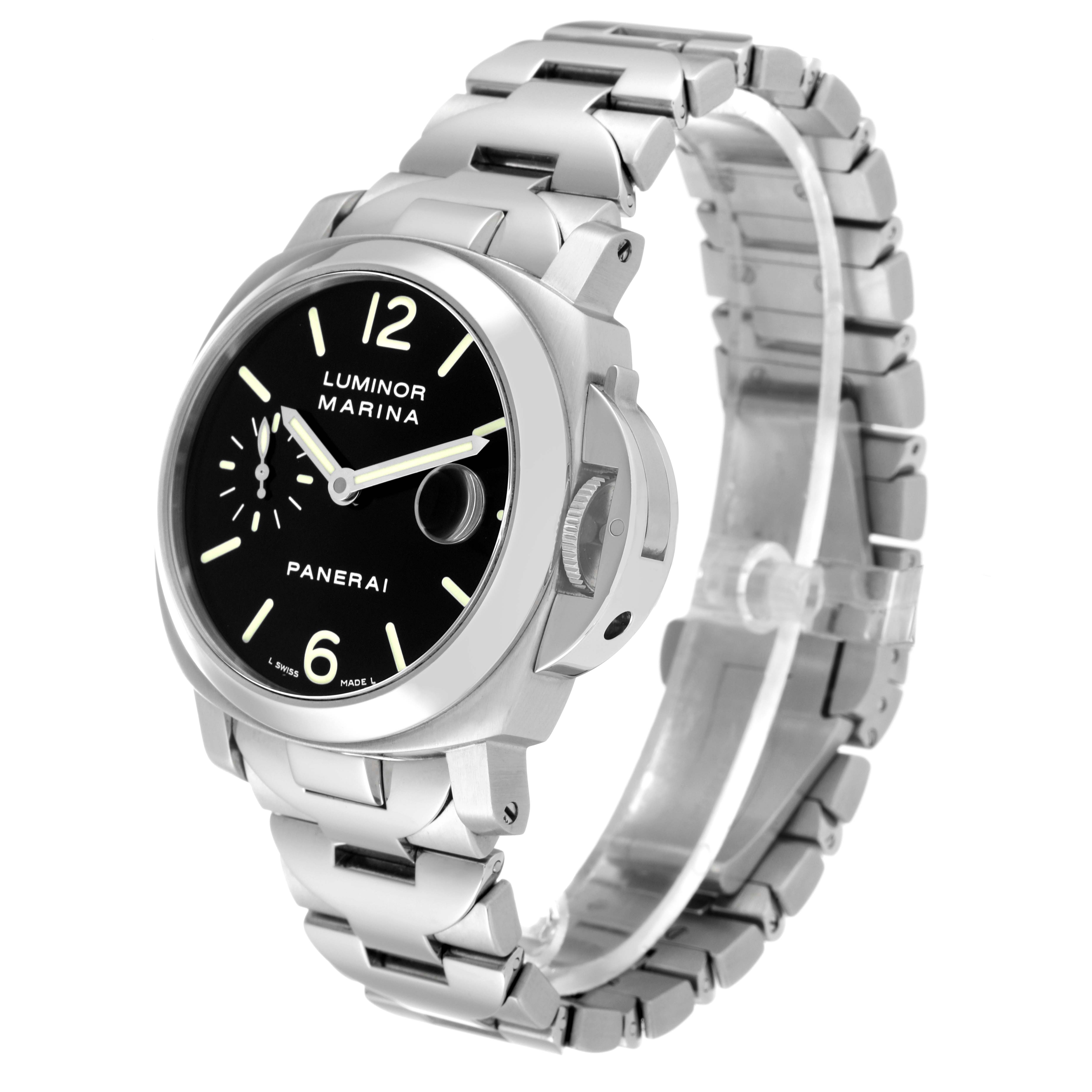 The image shows a Panerai Luminor PAM00050 Men's Stainless Steel Black Dial PAM00050 Men's Stainless Steel Black Dial model watch from an angled front view, displaying its dial, crown guard, and stainless steel bracelet.