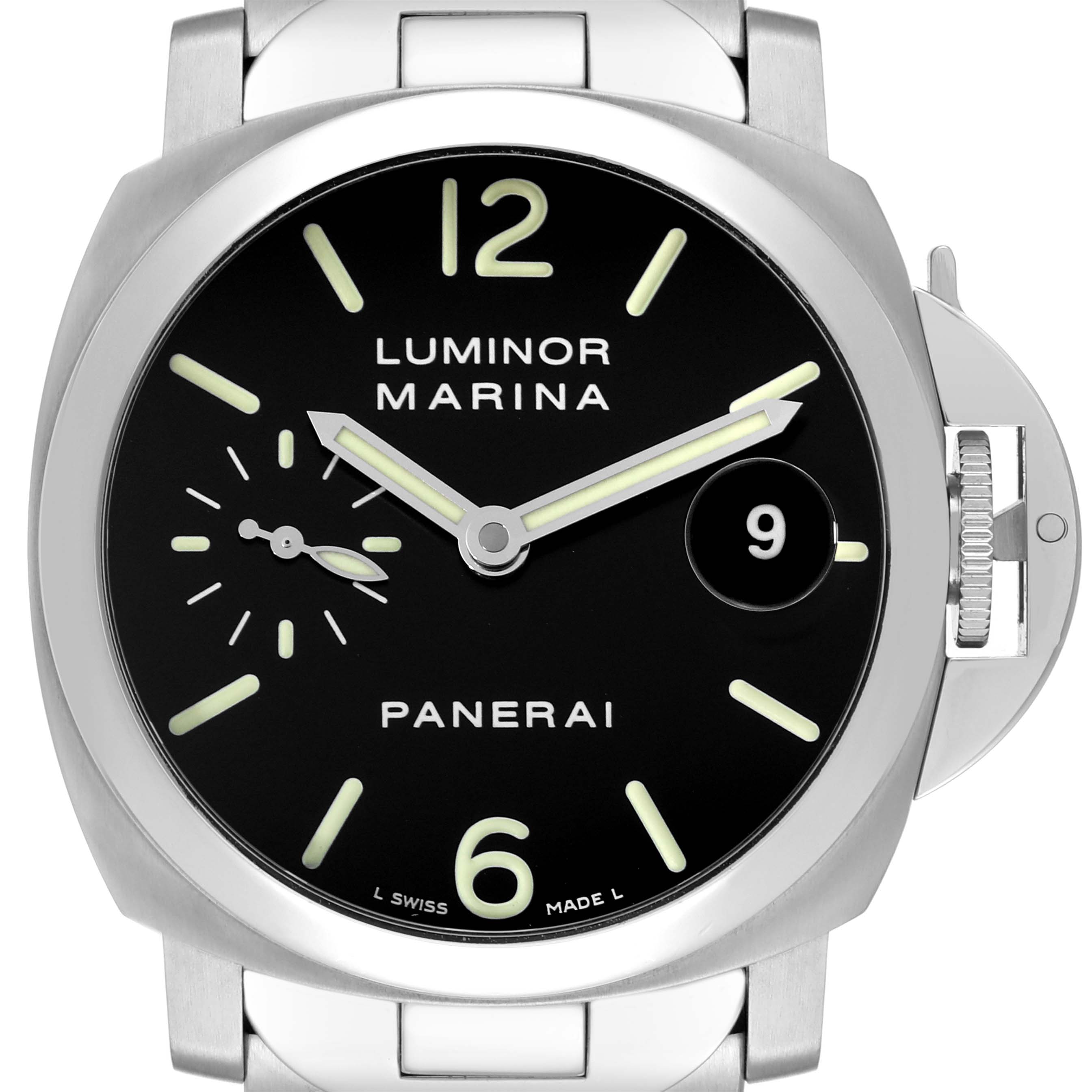 This image shows a front view of a Panerai Luminor PAM00050 Men's Stainless Steel Black Dial PAM00050 Men's Stainless Steel Black Dial watch displaying time, date, and seconds sub-dial.