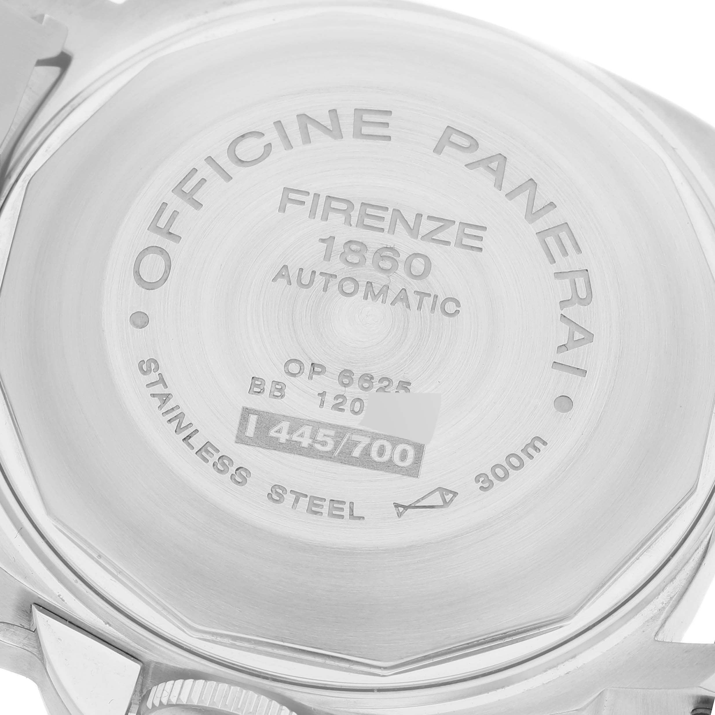 The image shows the case back of the Panerai Luminor PAM00050 Men's Stainless Steel Black Dial PAM00050 Men's Stainless Steel Black Dial watch, detailing its model specifications and serial number.