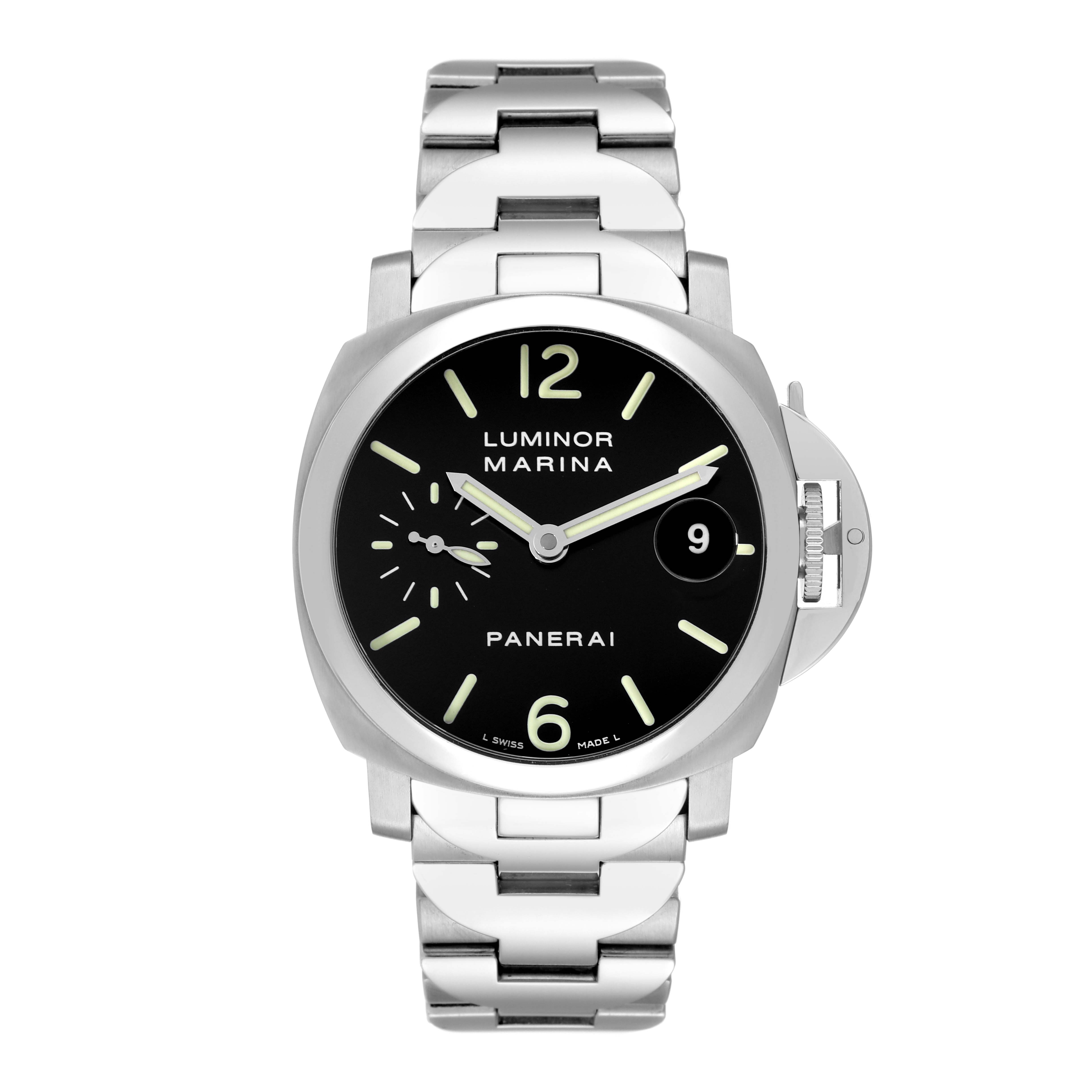The image shows a front view of a Panerai Luminor PAM00050 Men's Stainless Steel Black Dial PAM00050 Men's Stainless Steel Black Dial watch, highlighting its dial, bezel, and stainless steel bracelet.