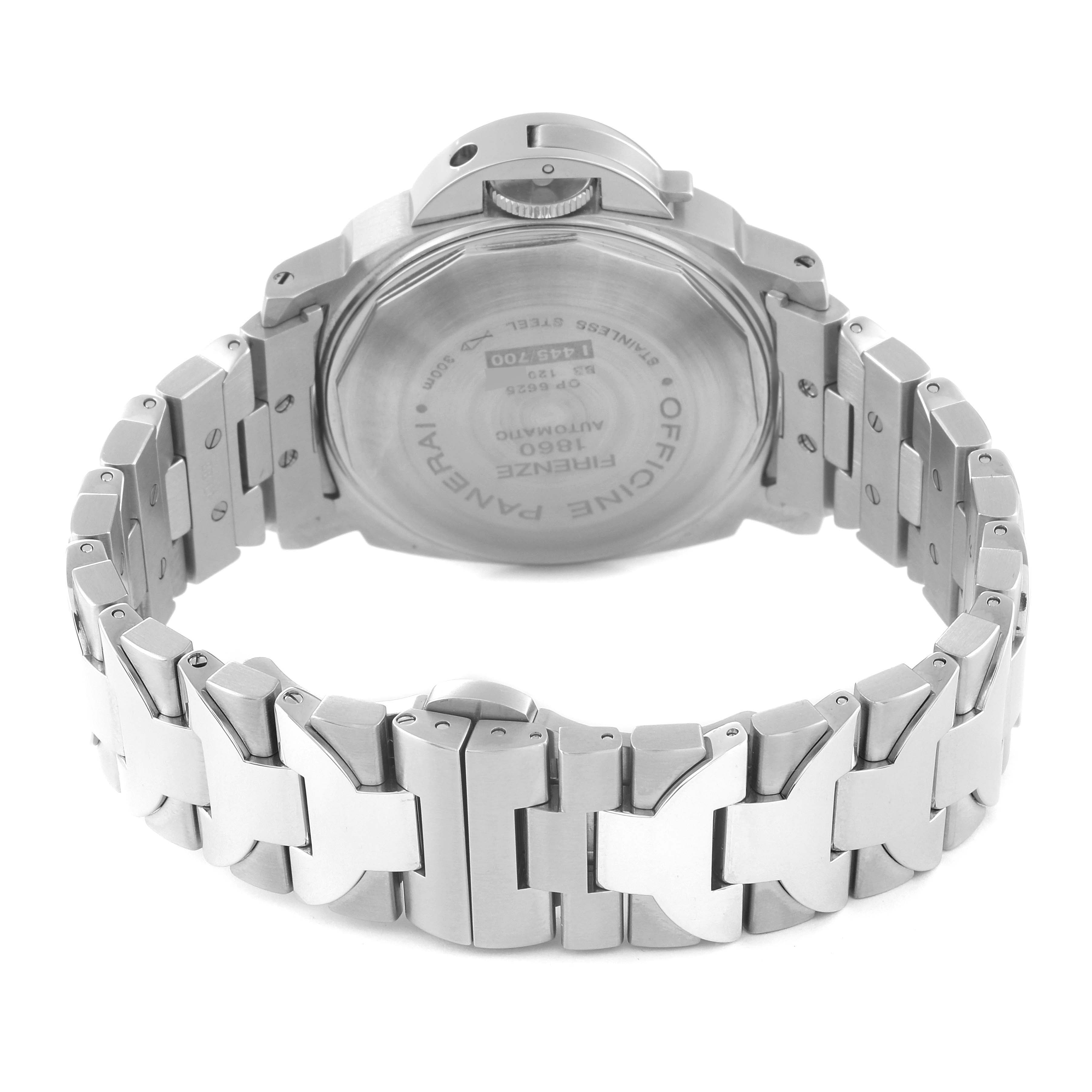 The image shows the back view of a Panerai Luminor PAM00050 Men's Stainless Steel Black Dial PAM00050 Men's Stainless Steel Black Dial watch, focusing on the case back and stainless steel bracelet.