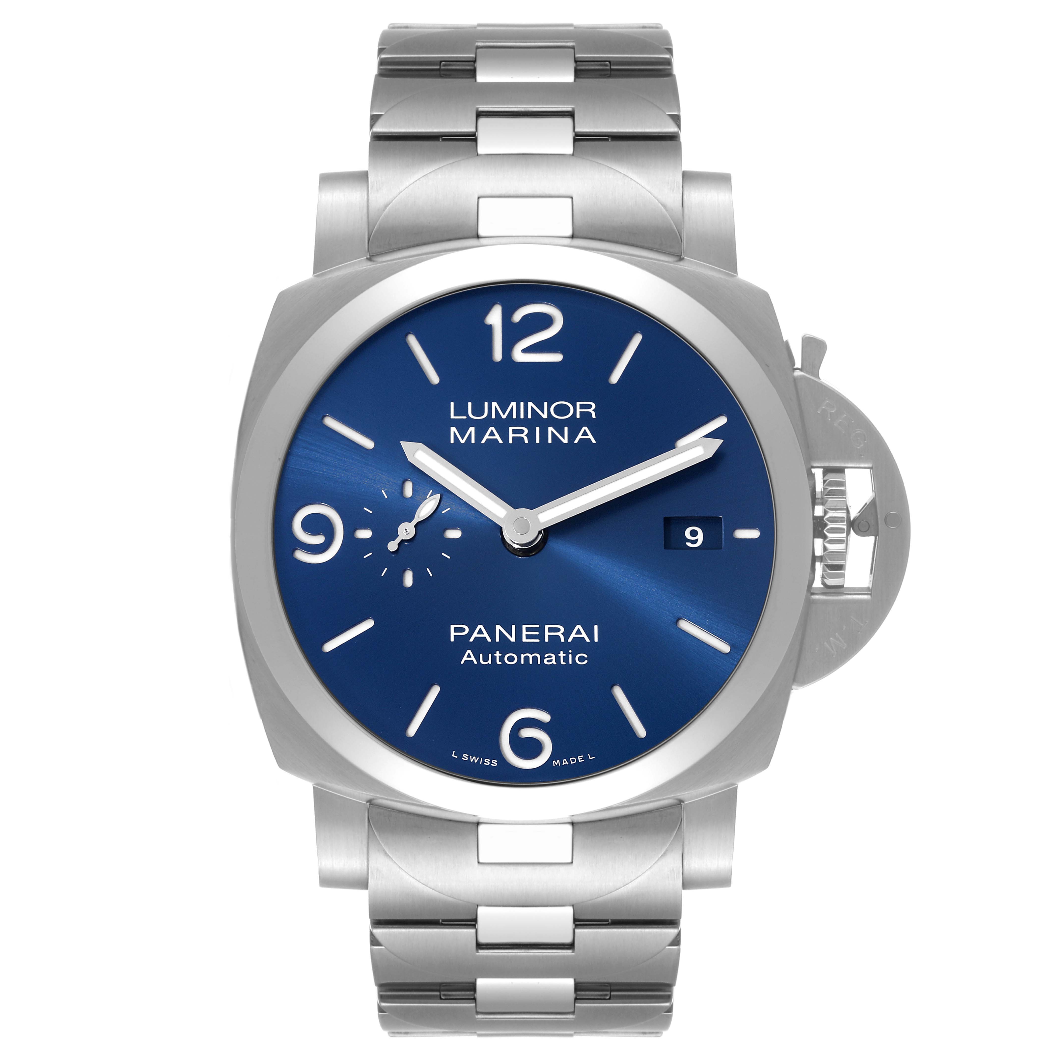 The image shows a front view of the Panerai Luminor PAM01316 Men's Stainless Steel Blue Dial PAM01316 Men's Stainless Steel Blue Dial Marina watch, highlighting its blue dial, date window, and stainless steel bracelet.