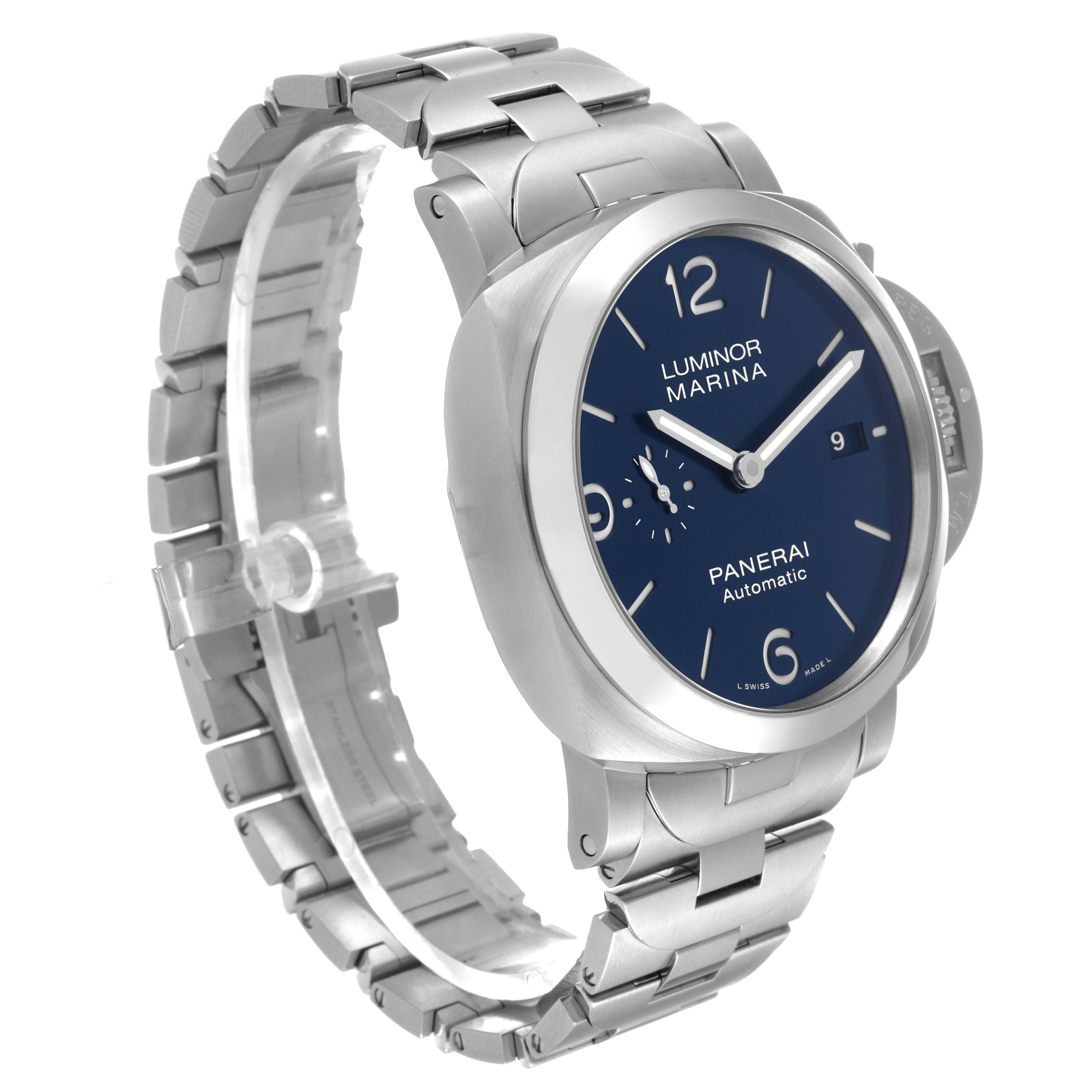 This image shows a Panerai Luminor PAM01316 Men's Stainless Steel Blue Dial PAM01316 Men's Stainless Steel Blue Dial watch at an angle, displaying its face, stainless steel bracelet, and side profile.
