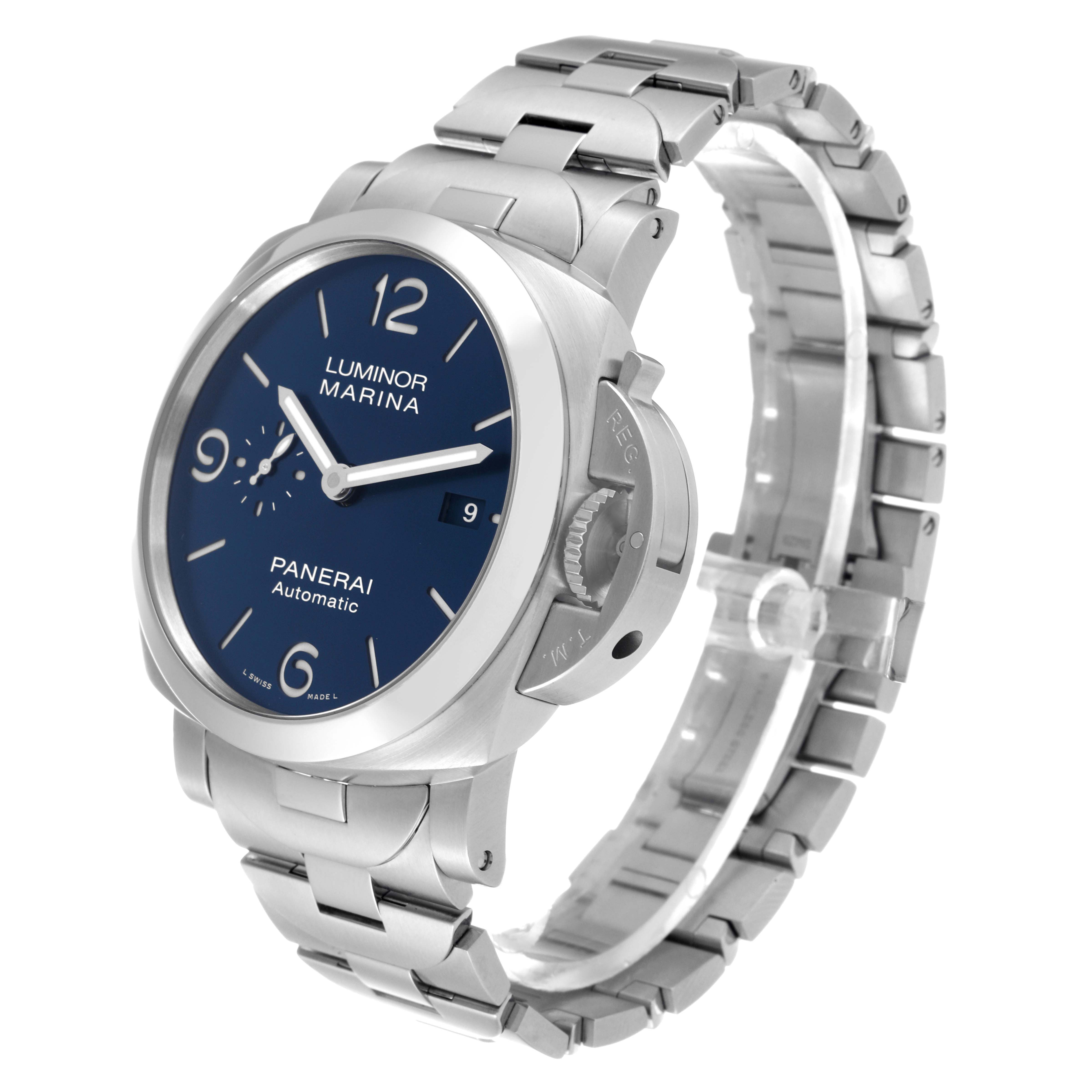 The Panerai Luminor PAM01316 Men's Stainless Steel Blue Dial PAM01316 Men's Stainless Steel Blue Dial watch is shown at an angled side view, highlighting its metallic strap and blue dial.