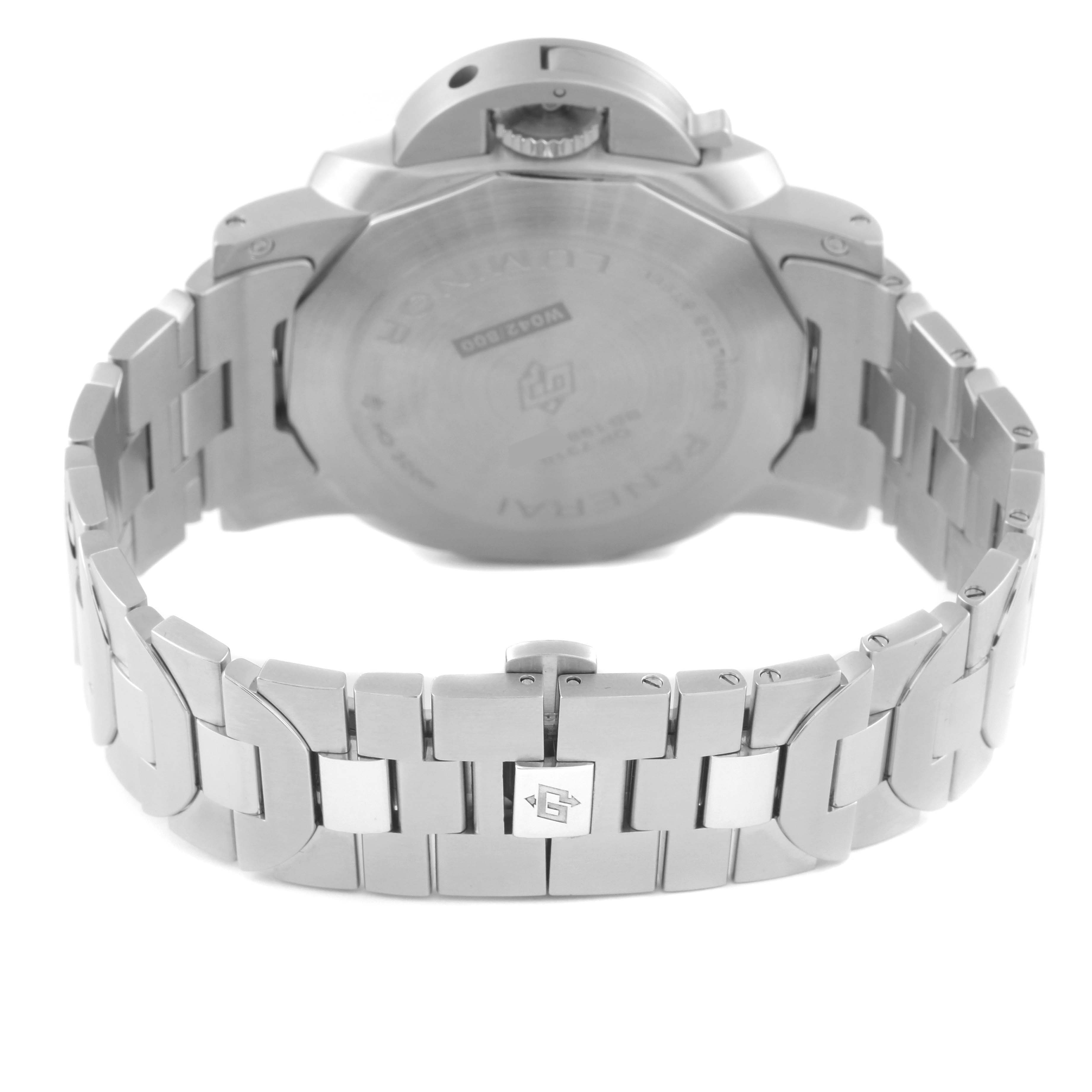 This image shows the back and part of the stainless steel bracelet of the Panerai Luminor PAM01316 Men's Stainless Steel Blue Dial PAM01316 Men's Stainless Steel Blue Dial watch.