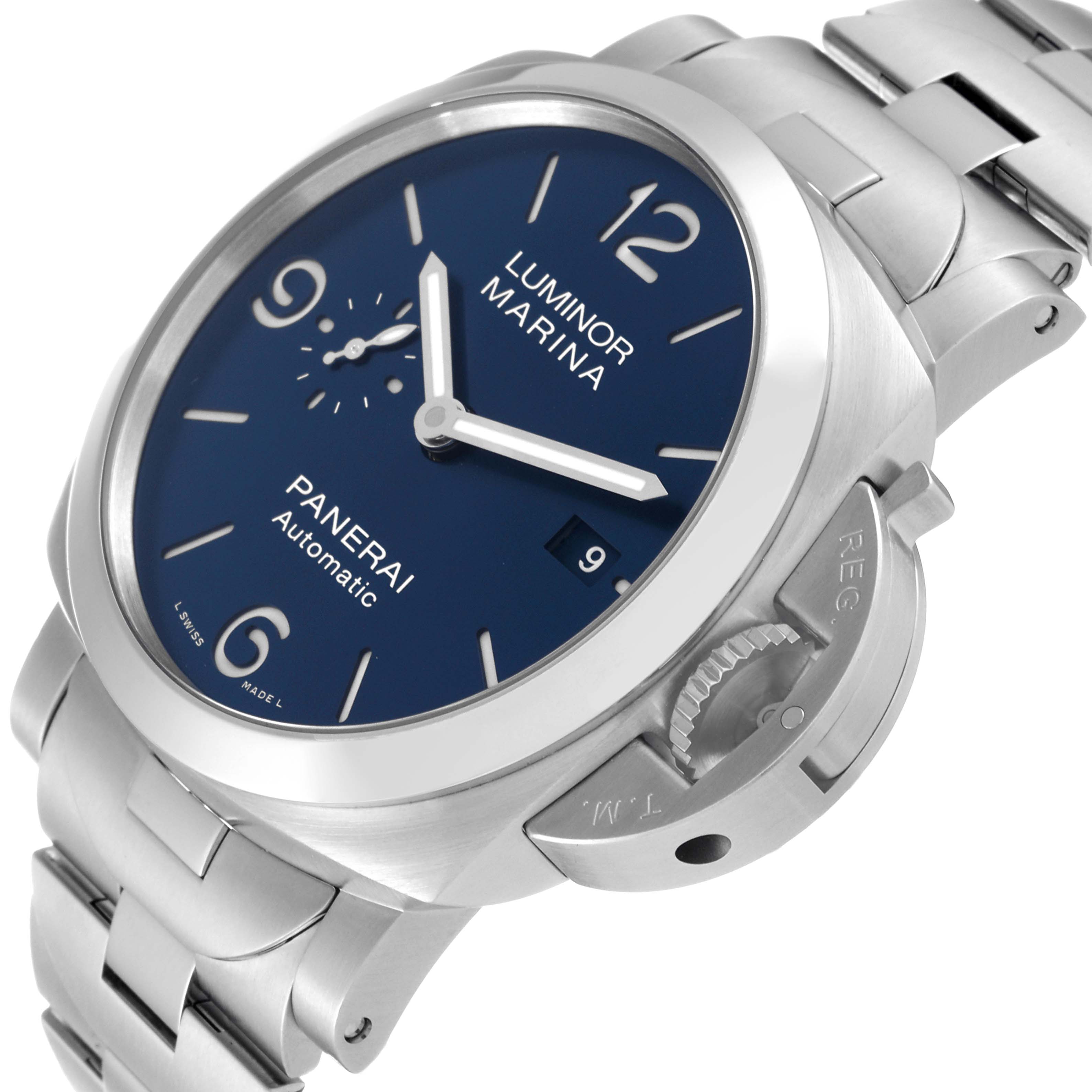 The image shows a Panerai Luminor PAM01316 Men's Stainless Steel Blue Dial PAM01316 Men's Stainless Steel Blue Dial model watch from a slight upward angle, highlighting the face, crown guard, and stainless steel bracelet.
