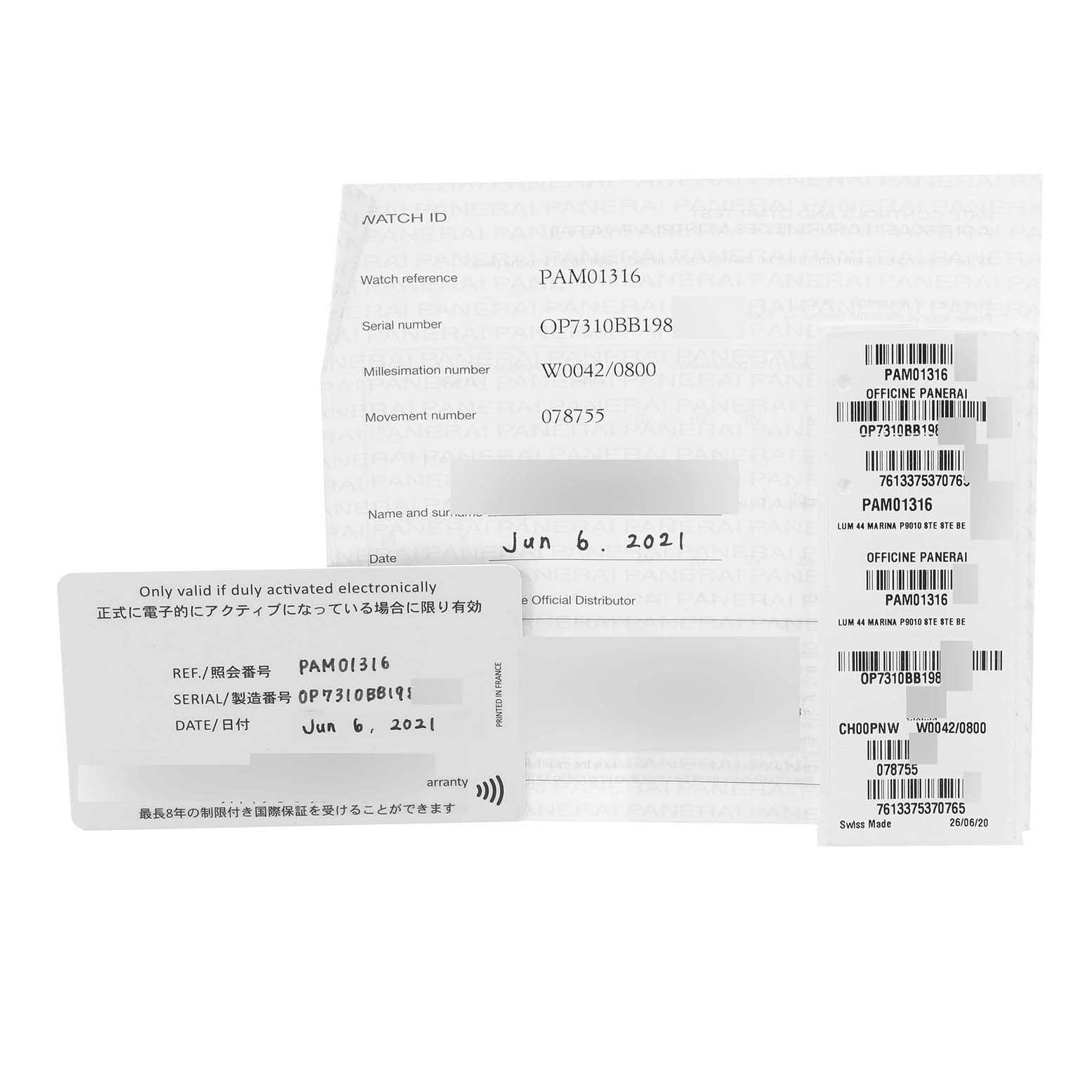 The image shows warranty cards and identification documentation for a Panerai Luminor PAM01316 Men's Stainless Steel Blue Dial PAM01316 Men's Stainless Steel Blue Dial PAM01316 watch.