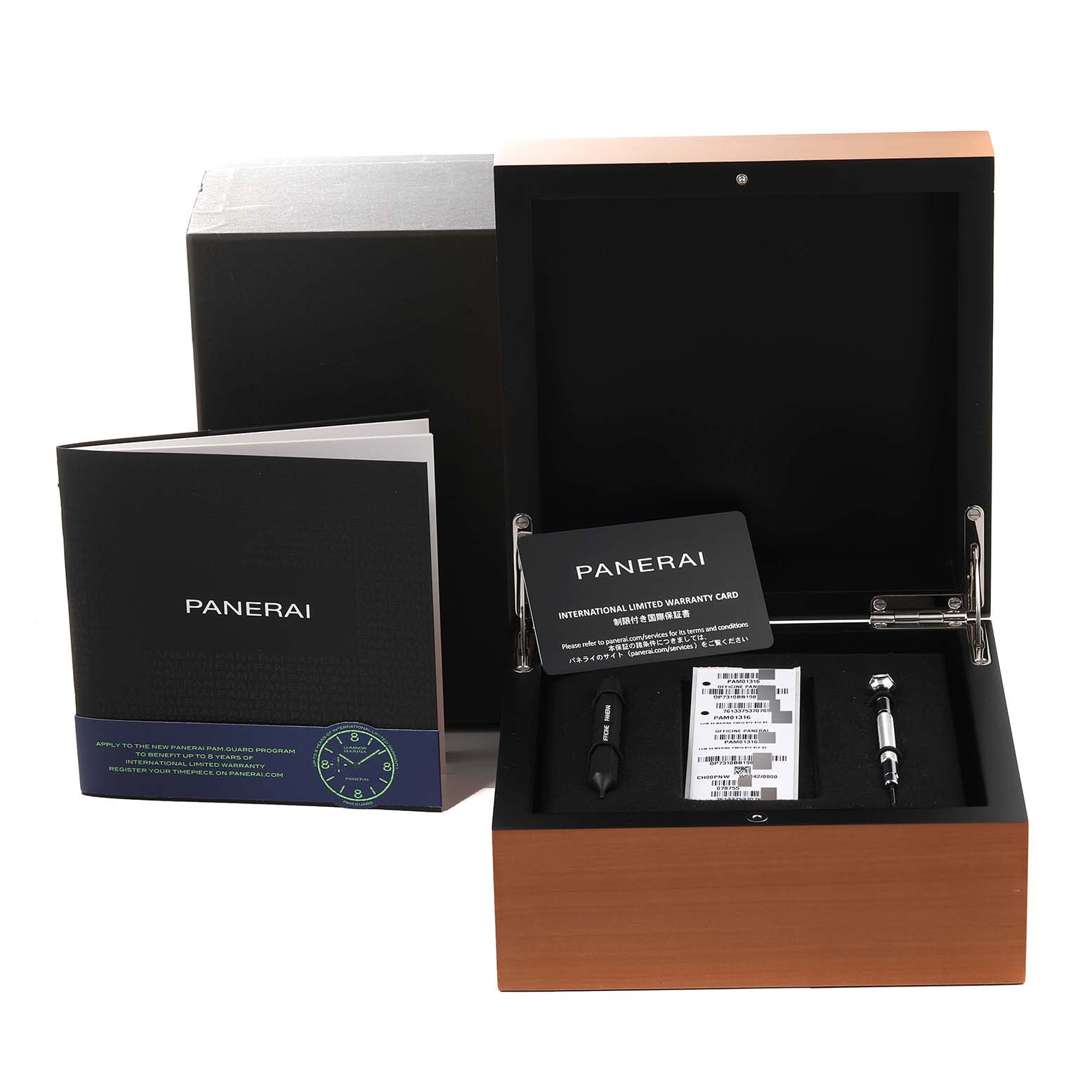 This image shows the accessories and packaging with an open box for the Panerai Luminor PAM01316 Men's Stainless Steel Blue Dial PAM01316 Men's Stainless Steel Blue Dial model, including a manual, warranty card, and tools.