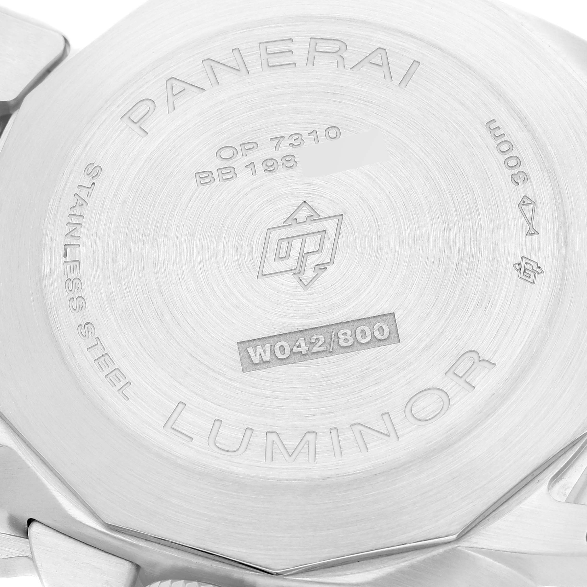 This image shows the stainless steel case back of a Panerai Luminor PAM01316 Men's Stainless Steel Blue Dial PAM01316 Men's Stainless Steel Blue Dial watch, displaying various engravings and model details.