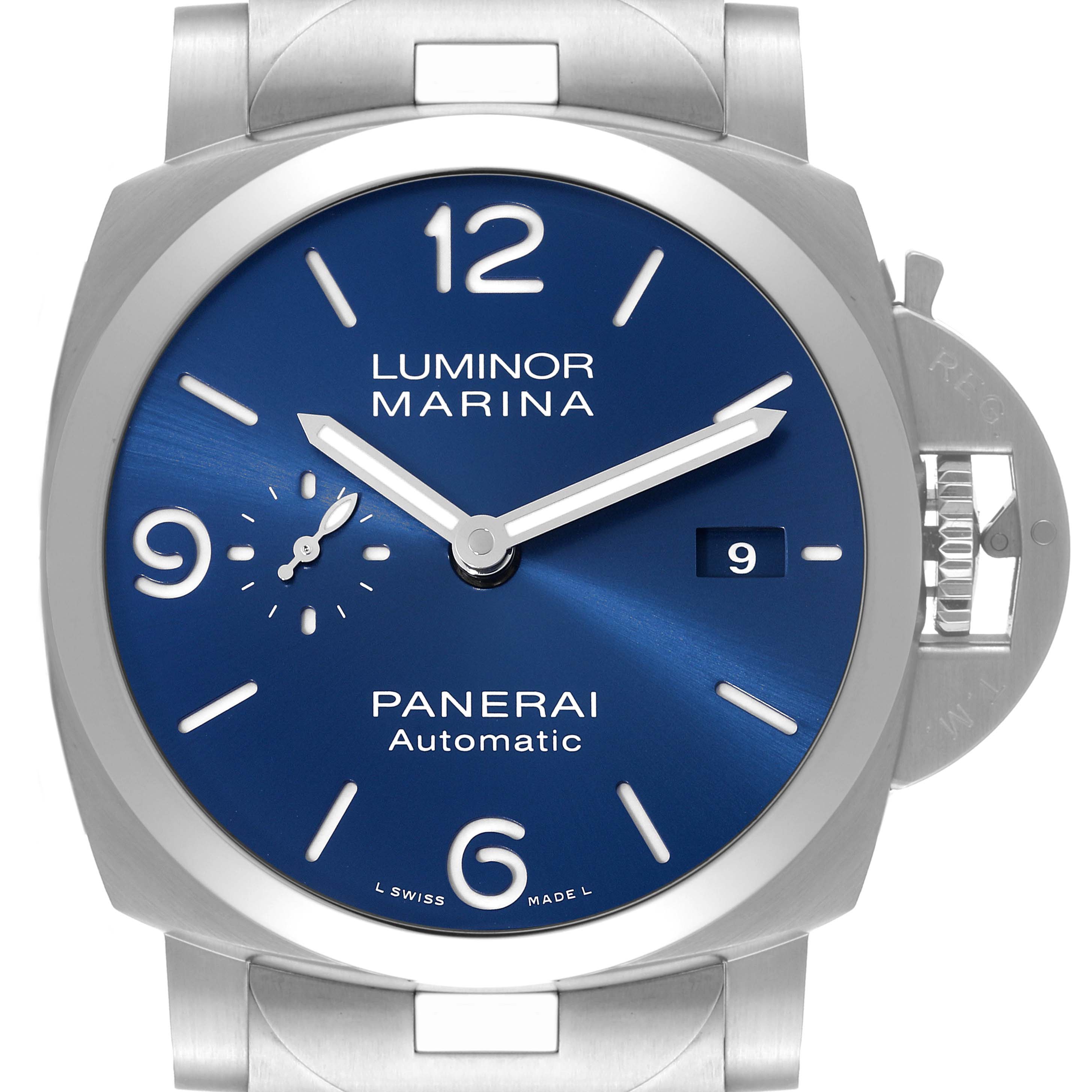 The image shows a front view of the Panerai Luminor PAM01316 Men's Stainless Steel Blue Dial PAM01316 Men's Stainless Steel Blue Dial watch, highlighting its blue dial, hour markers, date window, and crown guard.